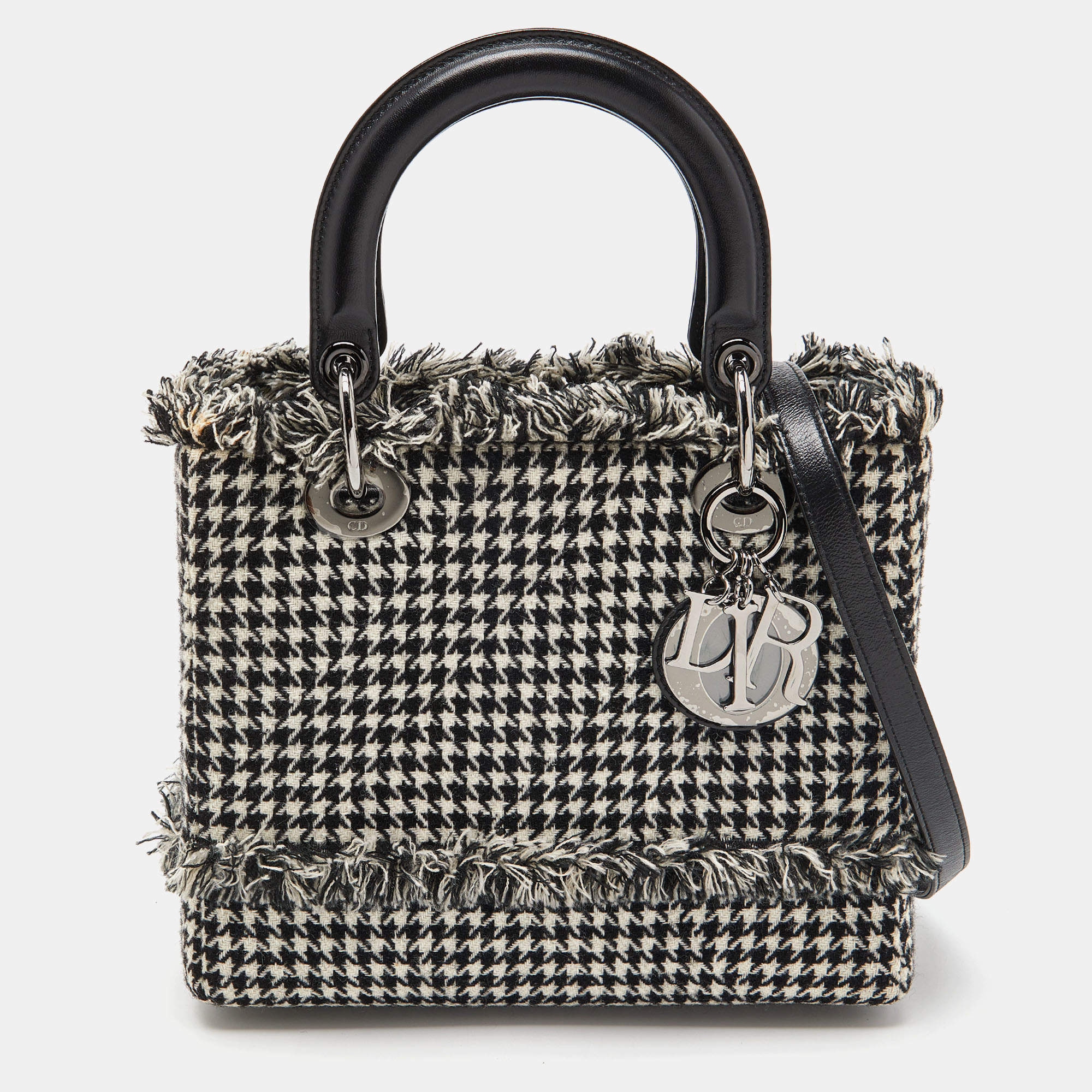 Pre Owned Dior Black/White Houndstooth Patterned Tweed Medium Lady Dior Tote