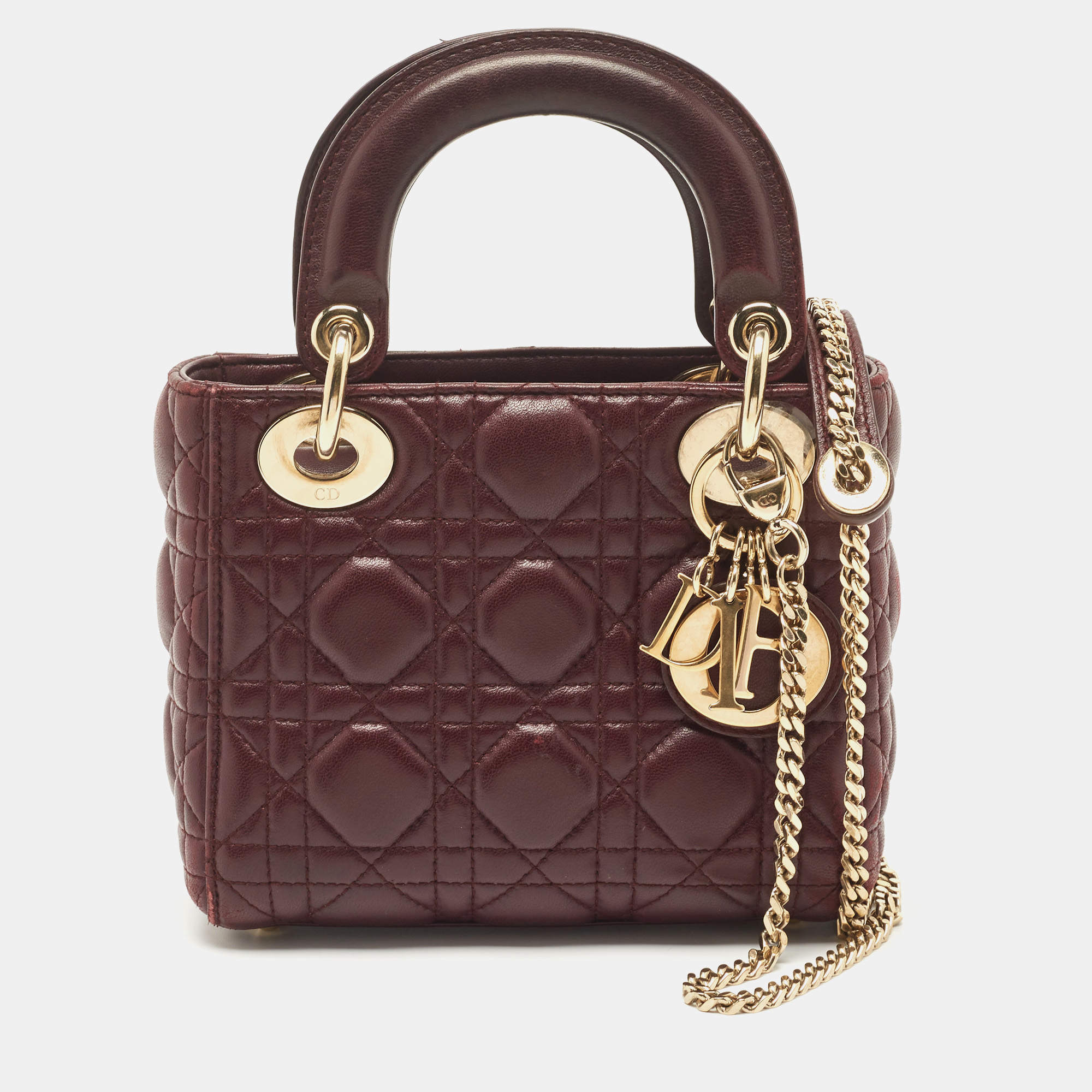 Pre Owned Dior Burgundy Cannage Leather Mini Lady Dior Tote