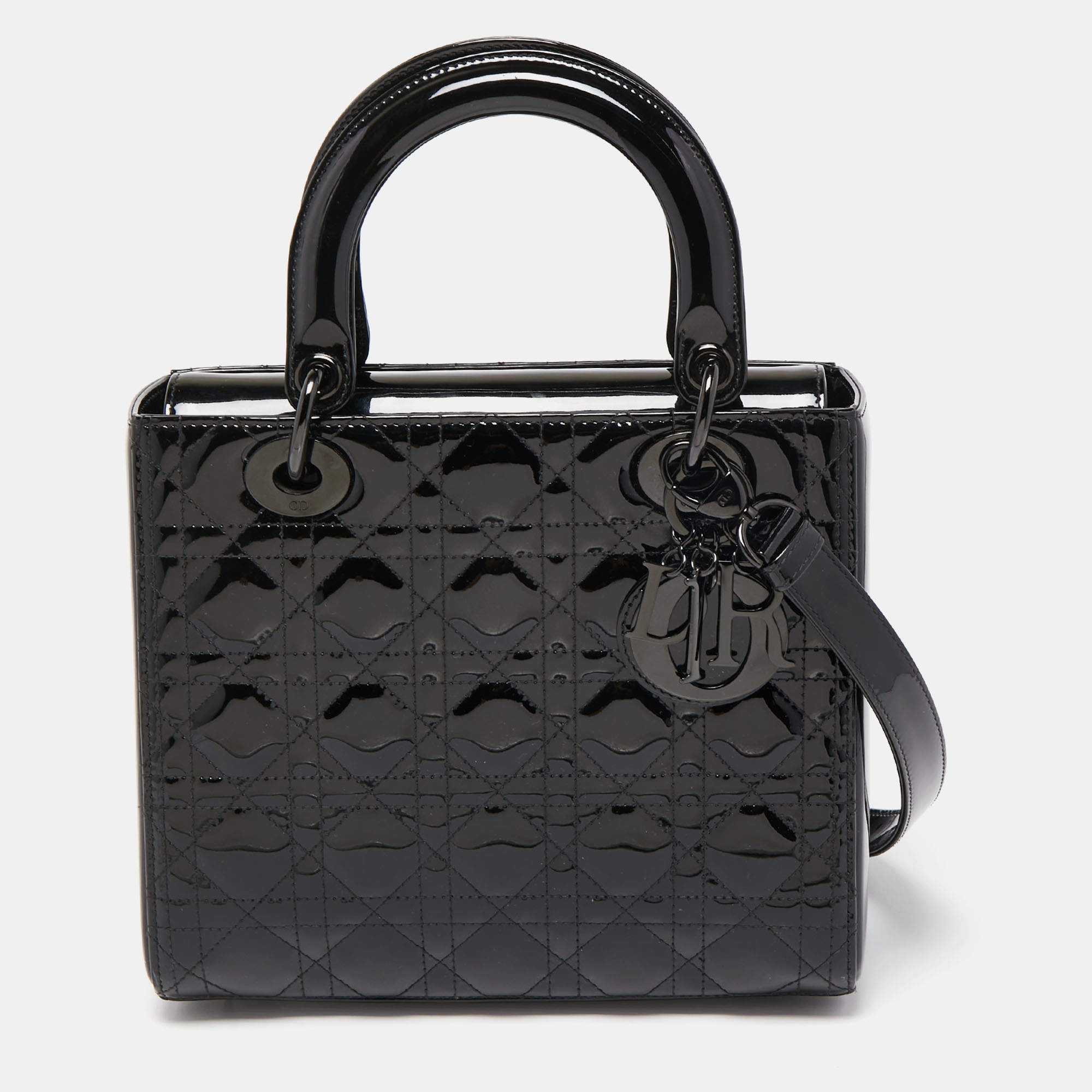 Pre Owned Dior Black Cannage Patent Leather Medium Lady Dior Tote