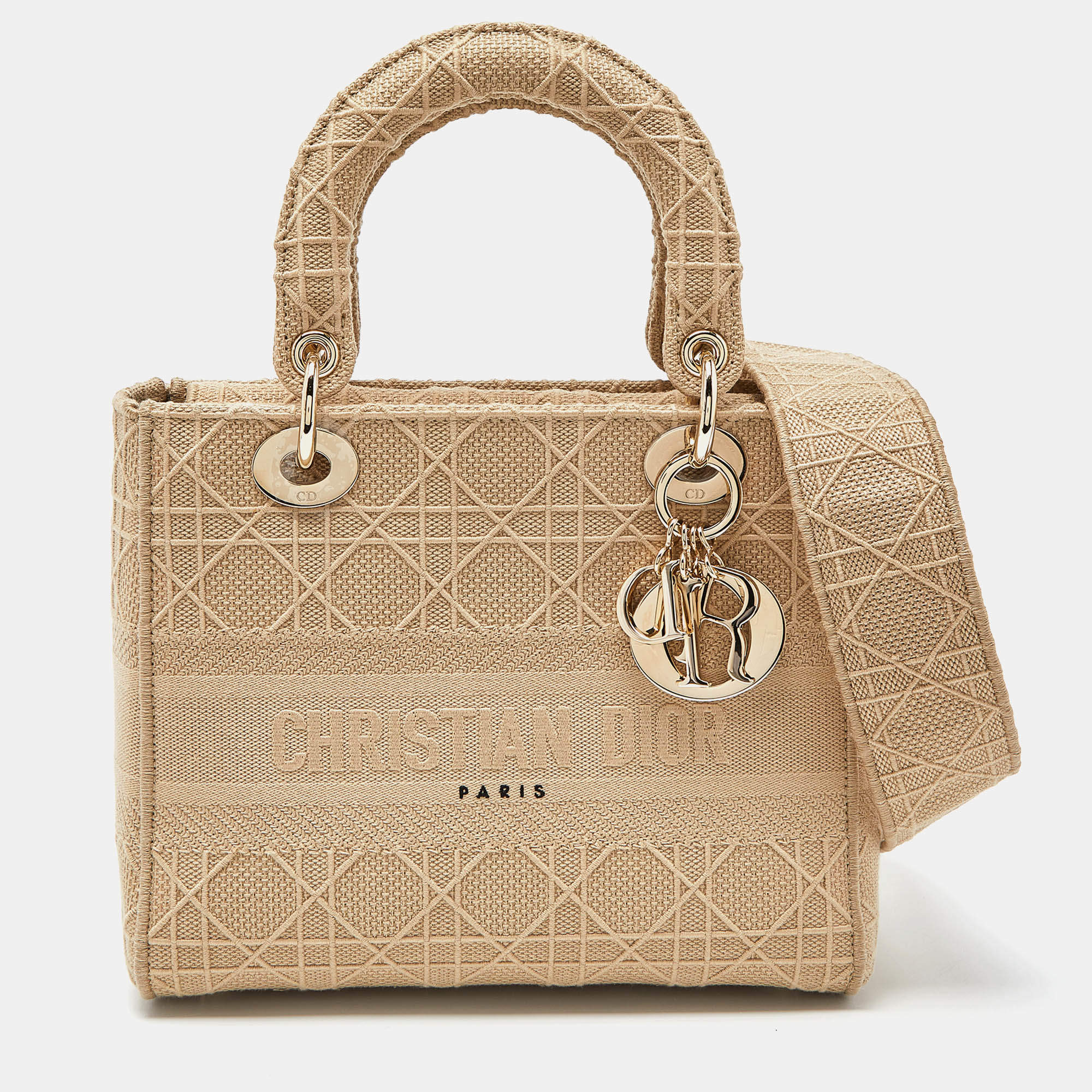 Dior Beige Cannage Embroidered Canvas Medium Lady D-Lite Tote
