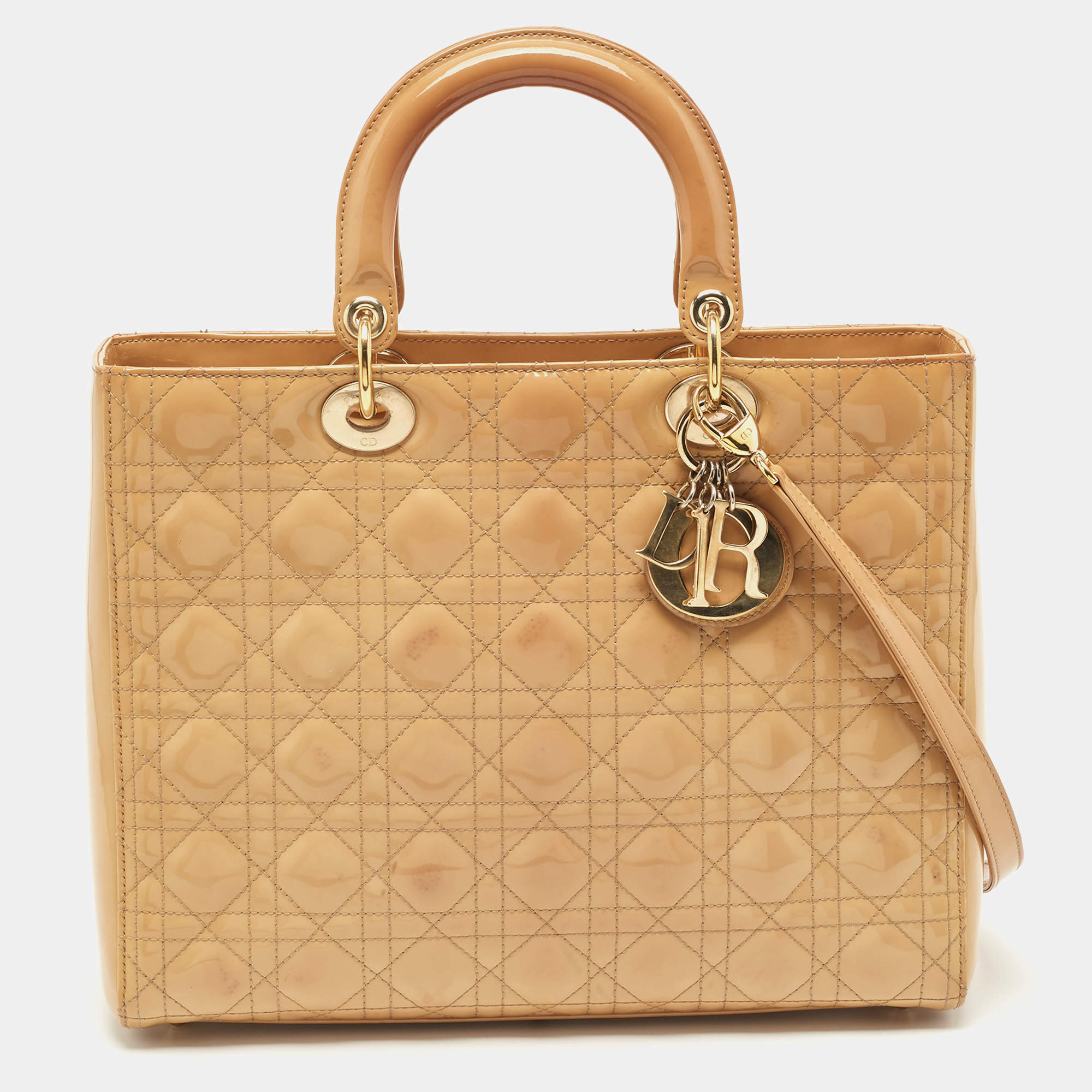 Pre Owned Dior Beige Cannage Patent Leather Large Lady Dior Tote