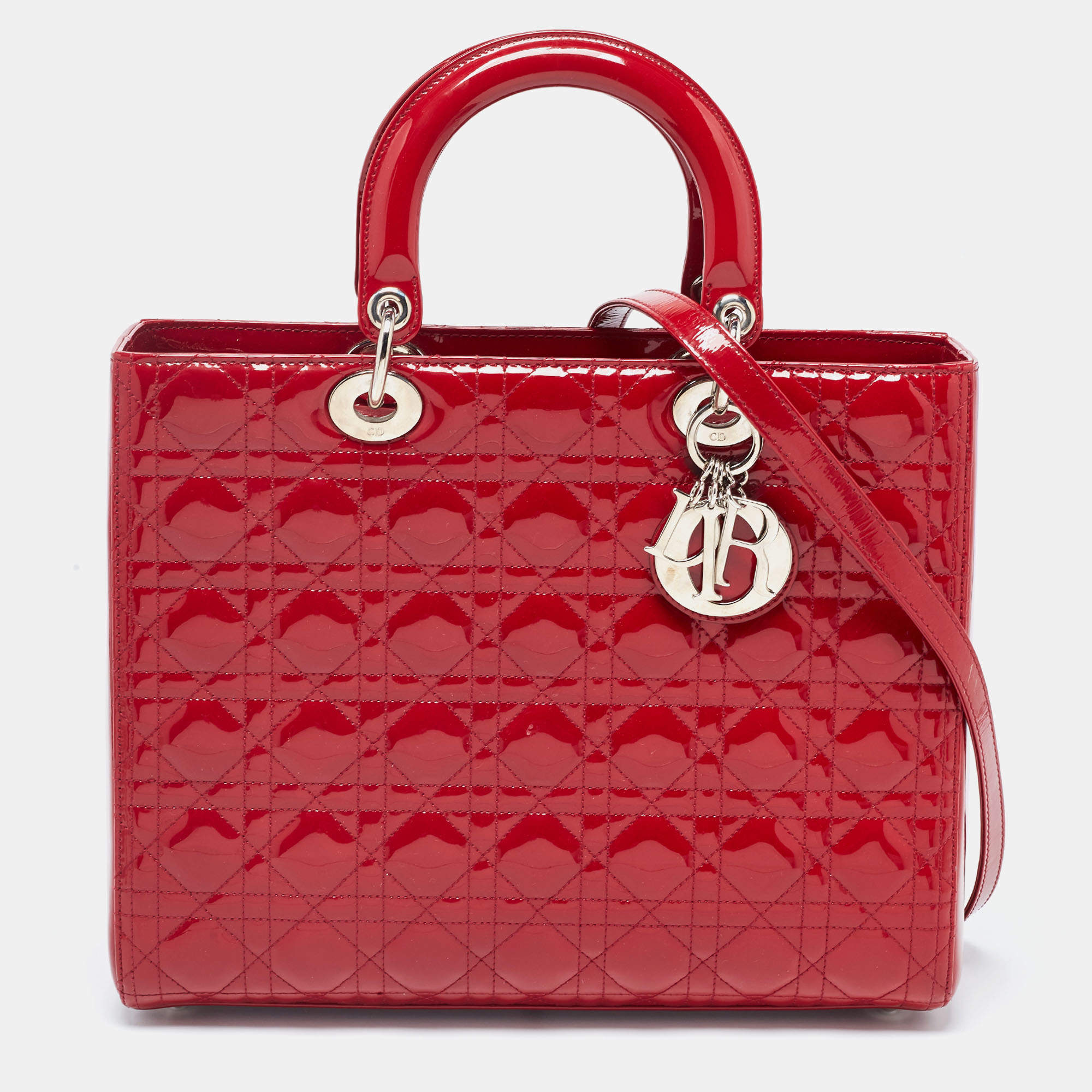 Pre Owned Dior Red Cannage Patent Leather Large Lady Dior Tote