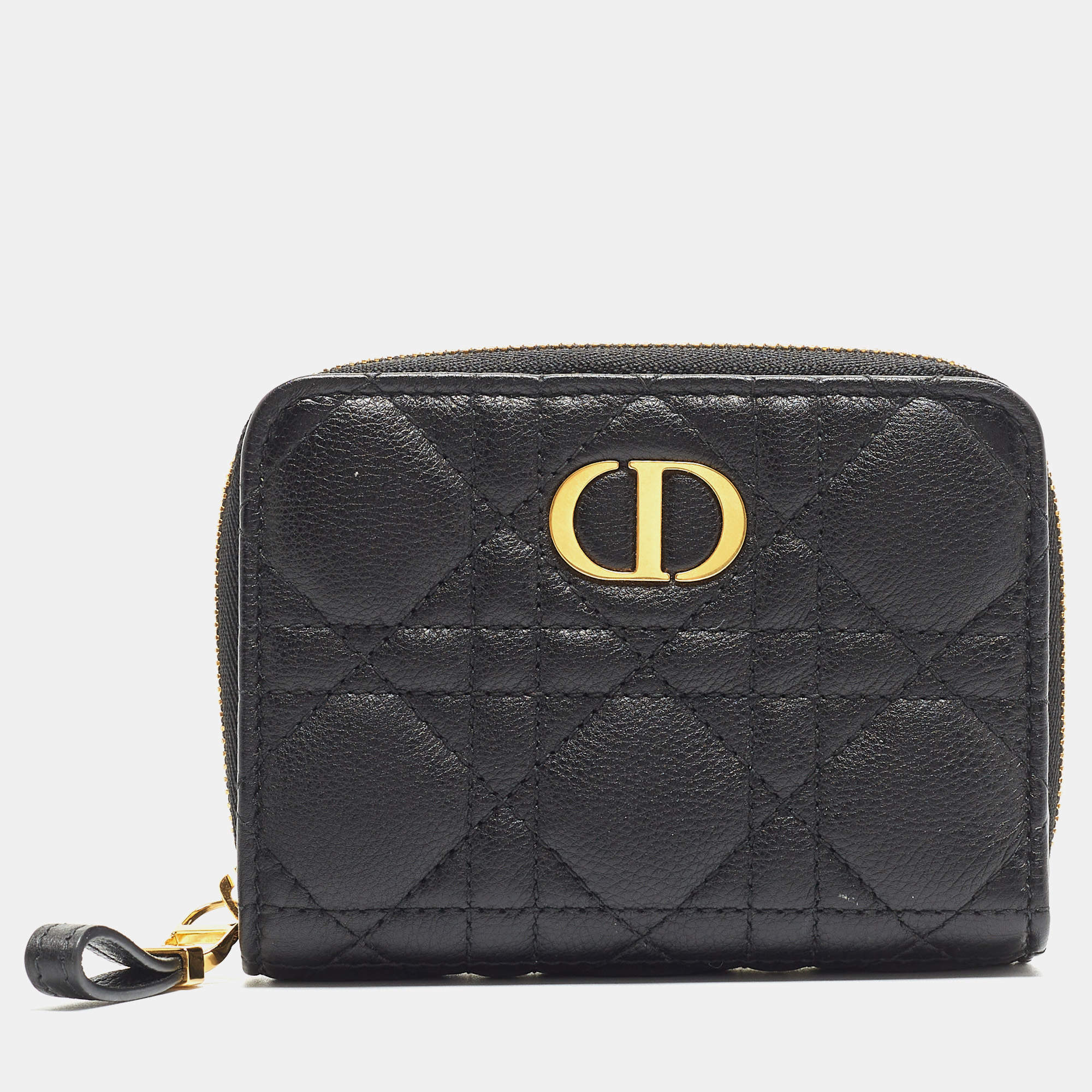 Pre Owned Dior Black Cannage Leather Caro Zip Compact Wallet