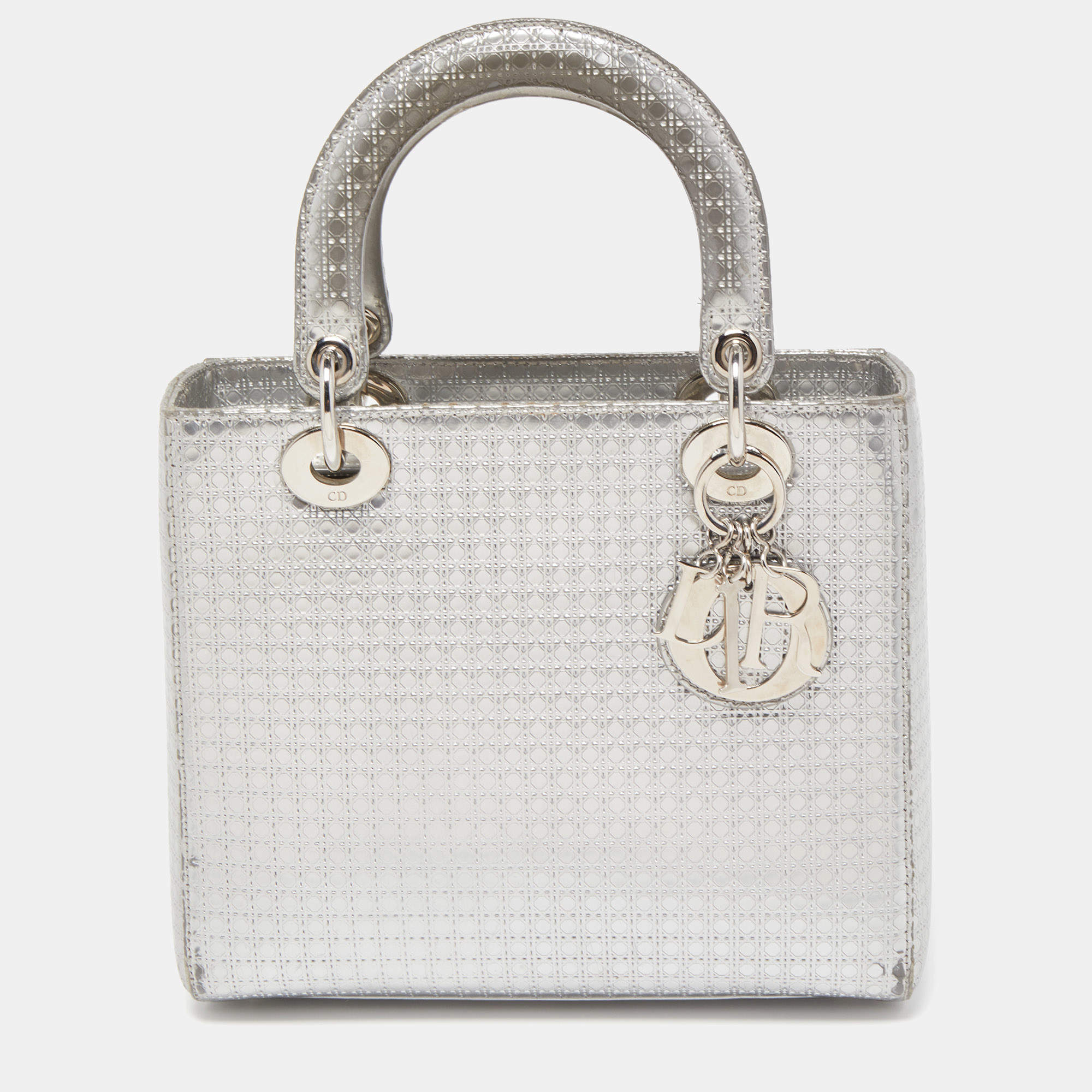 Pre Owned Dior Silver Micro Cannage Patent Leather Medium Lady Dior Tote