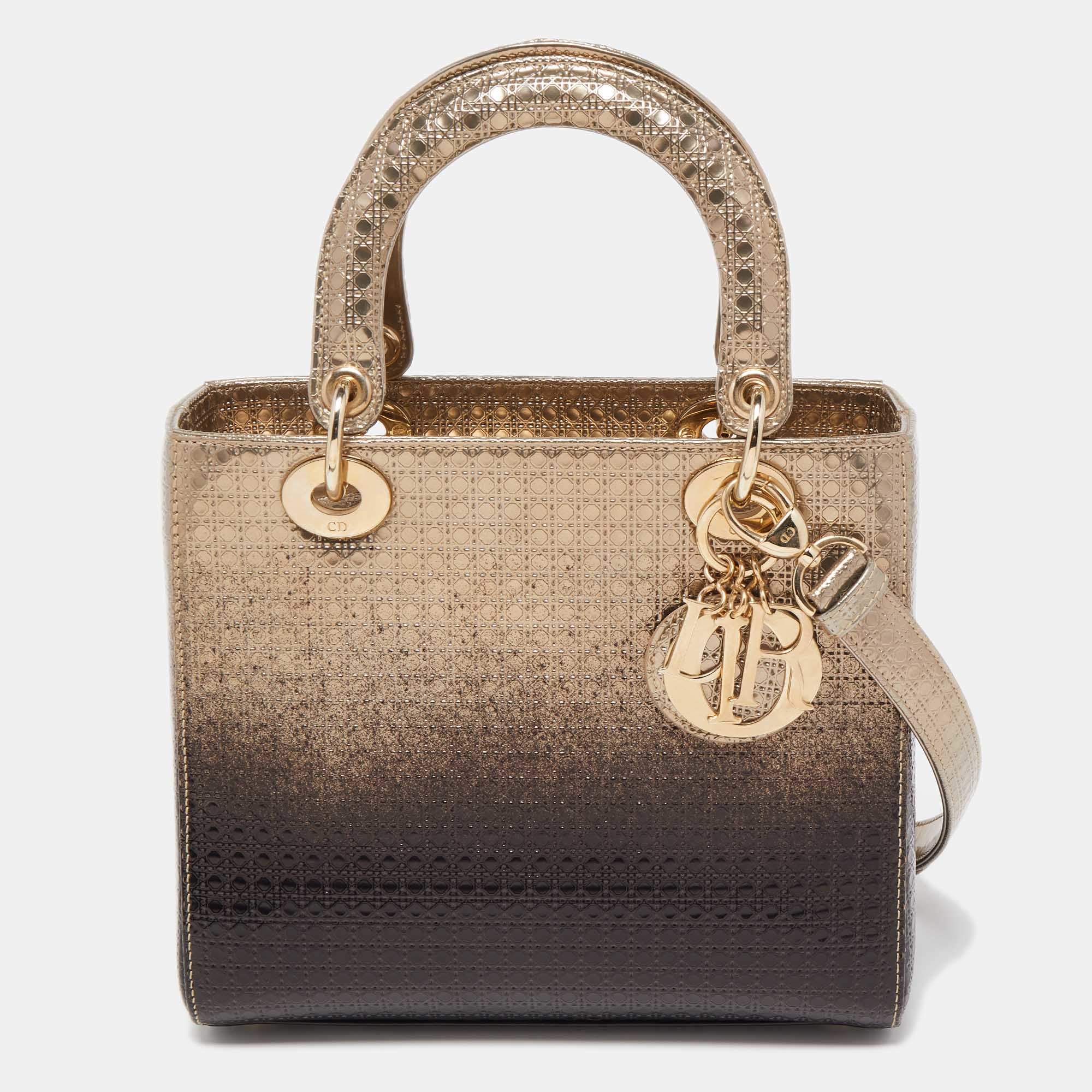Dior Ombre Gold Micro Cannage Patent Leather Medium Lady Dior Tote