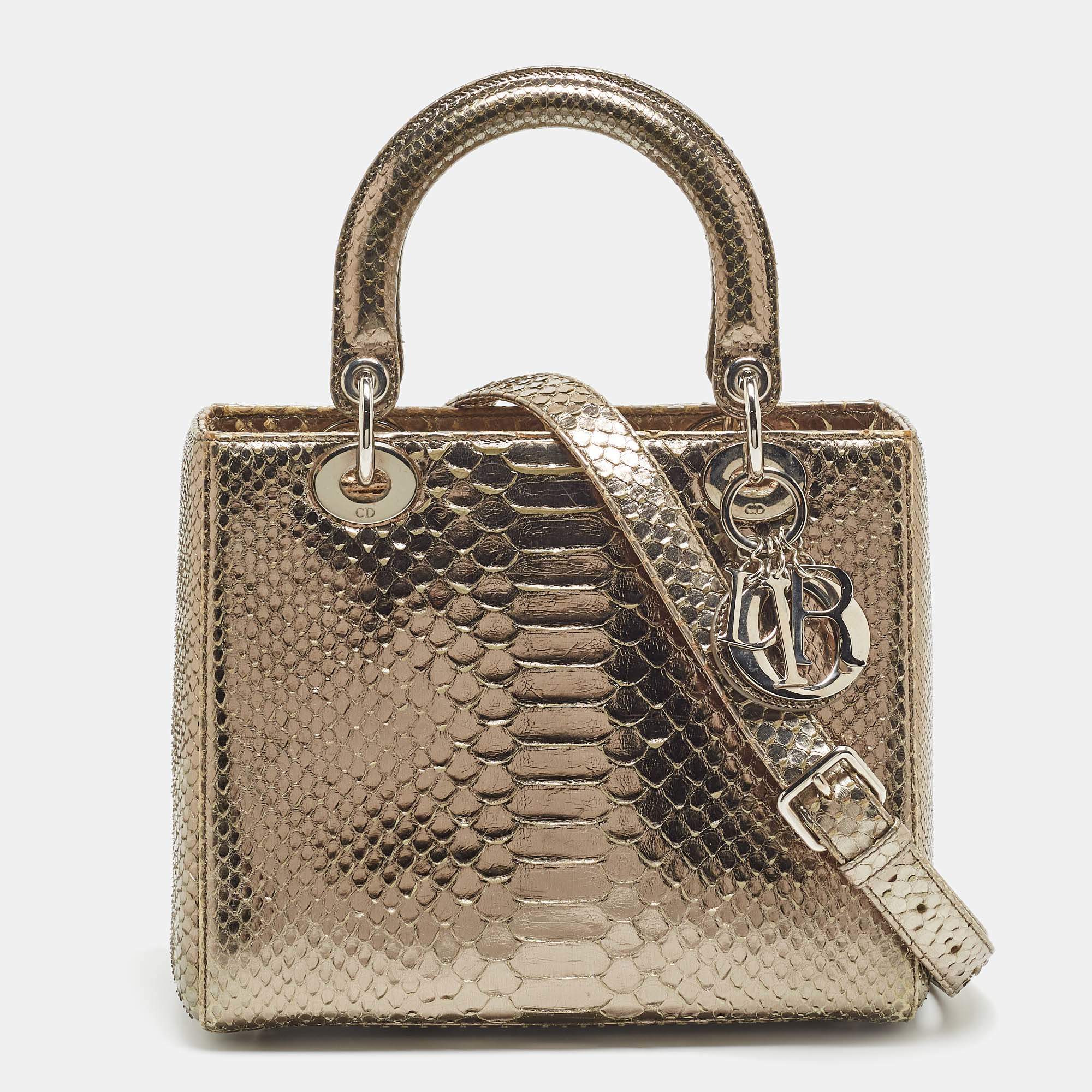 Pre Owned Dior Pale Gold Python Medium Lady Dior Tote