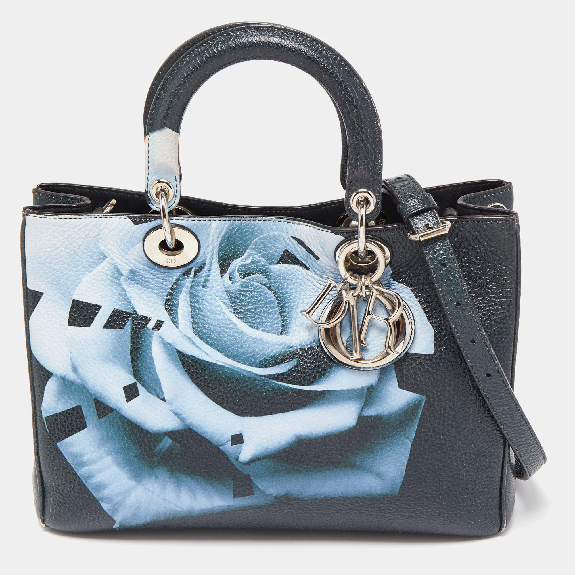 Dior Navy Blue Floral Print Leather Medium Diorissimo Shopper Tote Dior ...