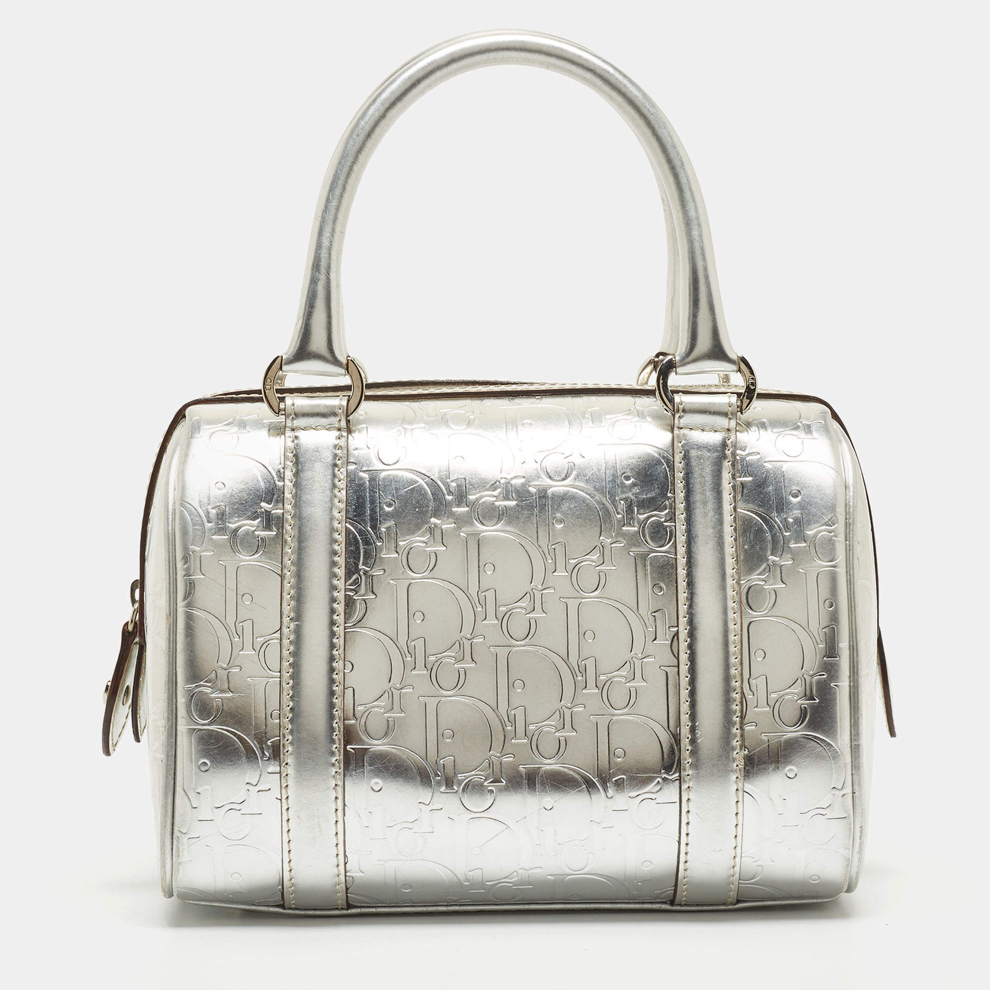 Pre Owned Dior Silver Oblique Embossed Leather Boston Bag