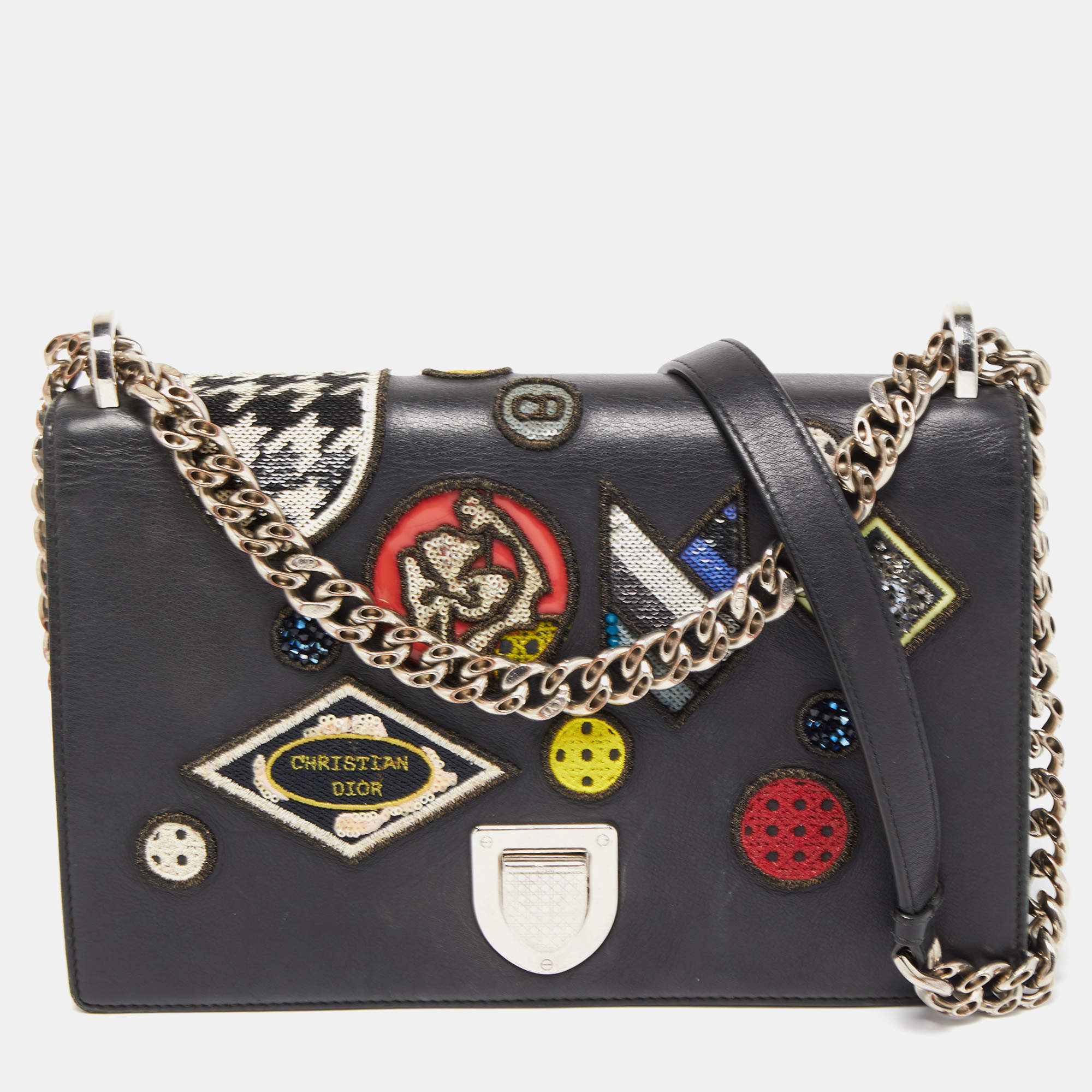 مملوكة مسبقًا Dior Black Leather Medium Patch Diorama Shoulder Bag