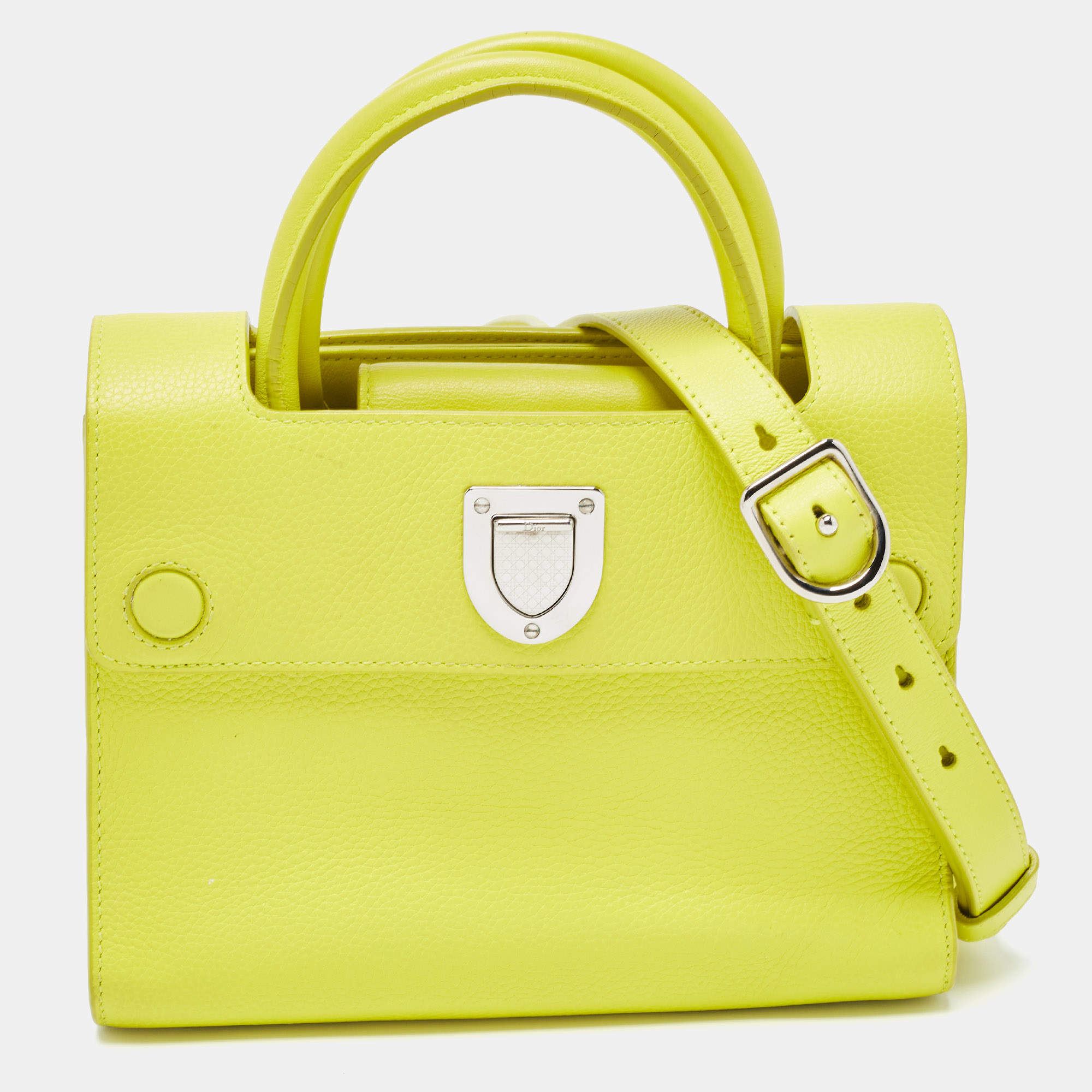 Pre Owned Dior Neon Yellow Leather Mini Diorever Top Handle Bag