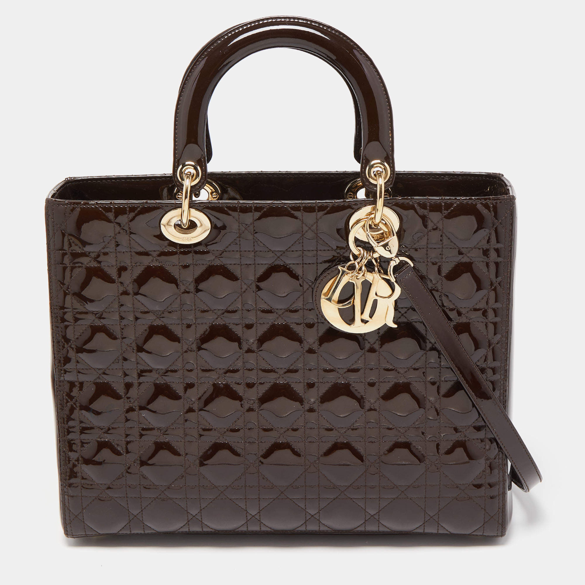 Pre Owned Dior Dark Brown Cannage Patent Leather Large Lady Dior Tote