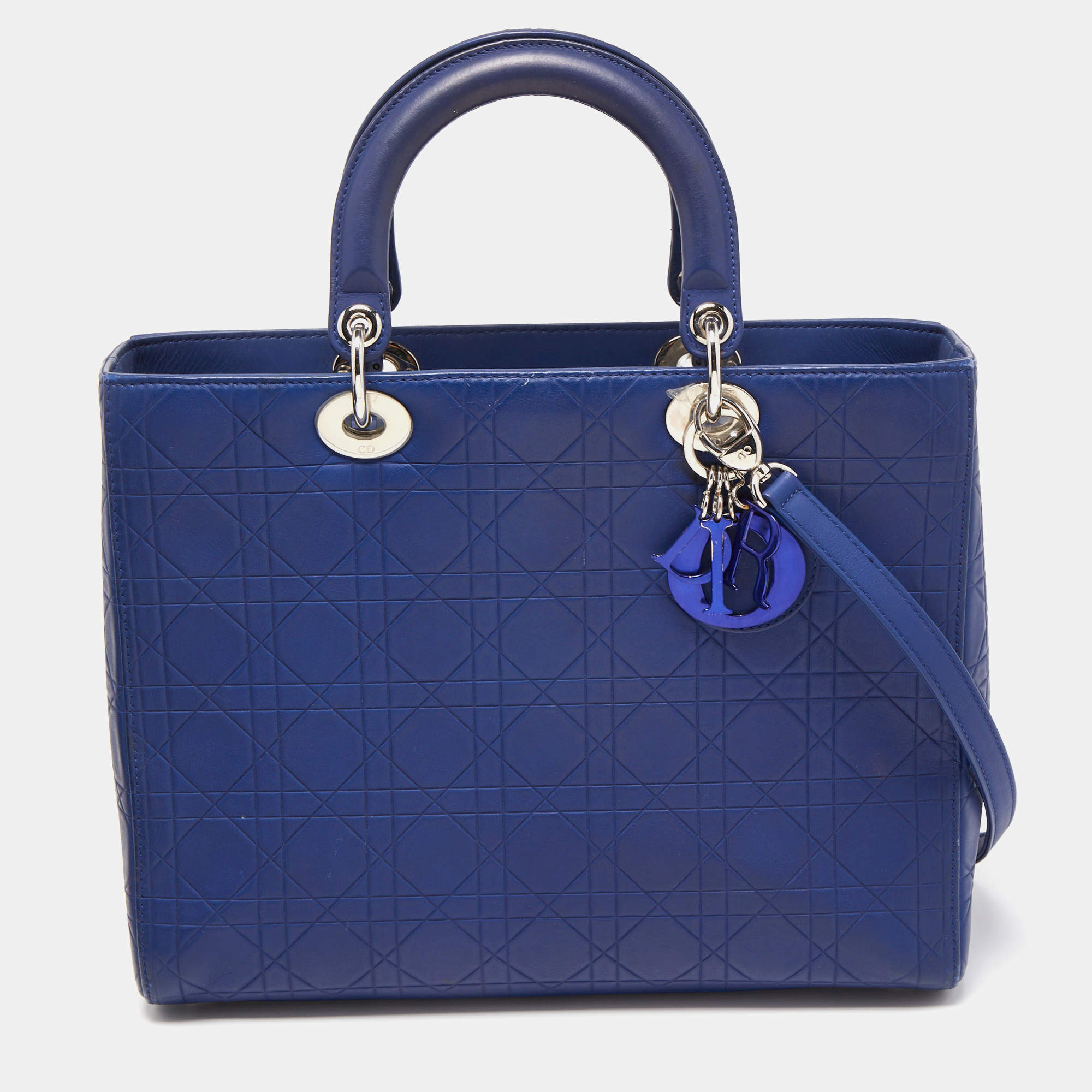 Pre Owned Dior Blue Cannage Embossed Leather Large Lady Dior Tote