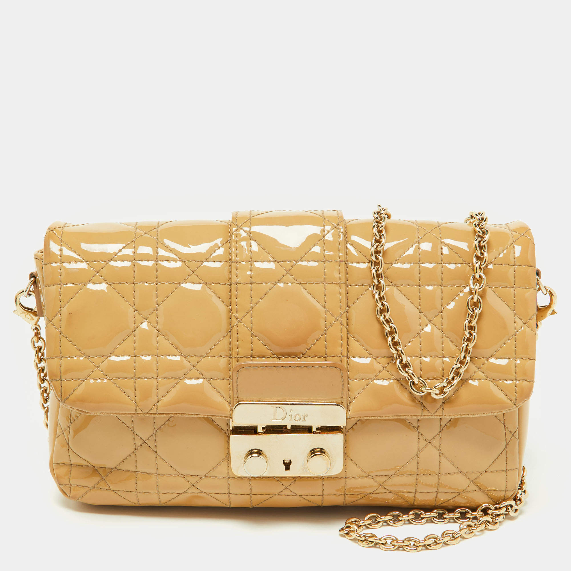 Pre Owned Dior Beige Cannage Patent Leather Miss Dior Promenade Chain Pouch