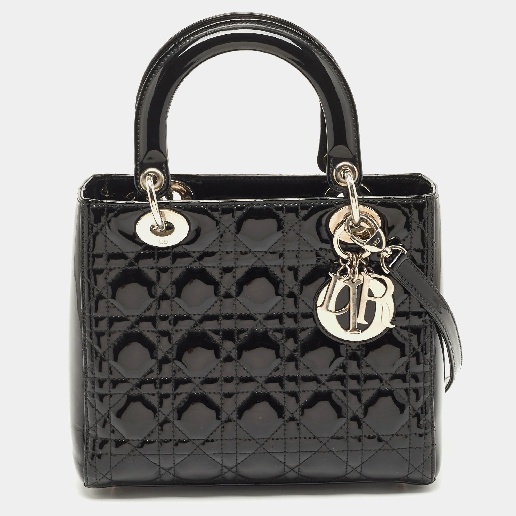 Pre Owned Dior Black Cannage Patent Leather Medium Lady Dior Tote