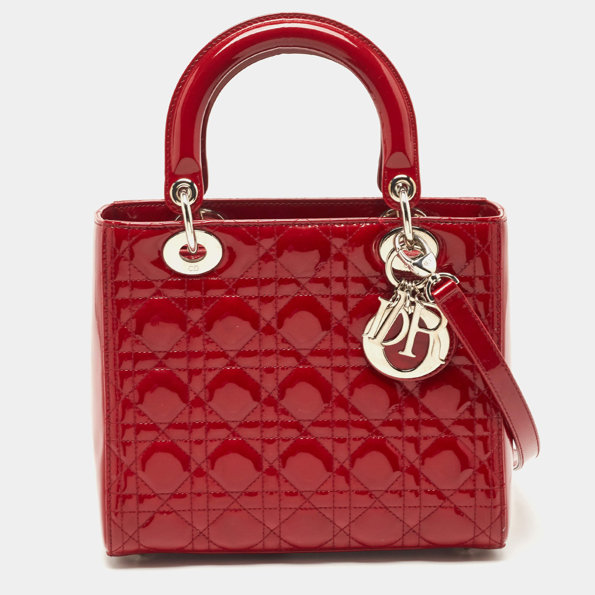 Pre Owned Dior Red Cannage Patent Leather Medium Lady Dior Tote