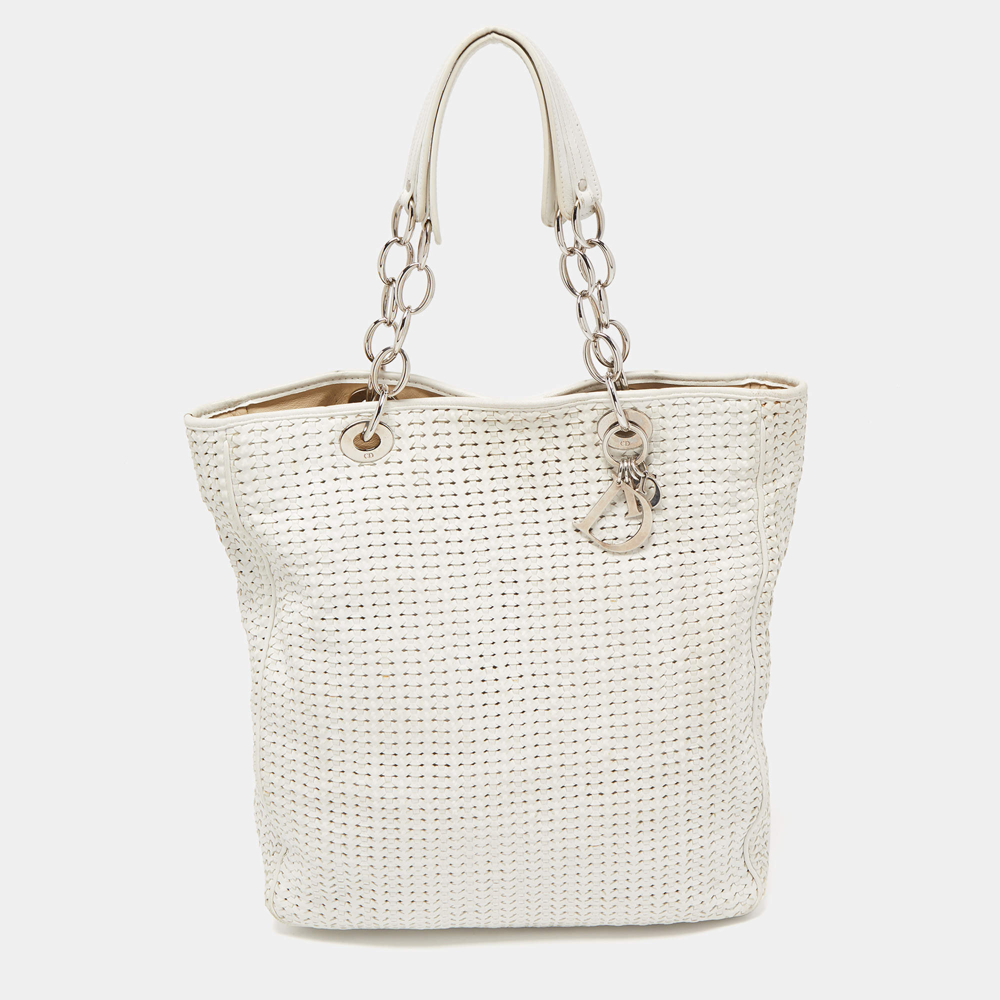 Pre Owned Dior White Woven Leather Soft Lady Dior Shopping Tote