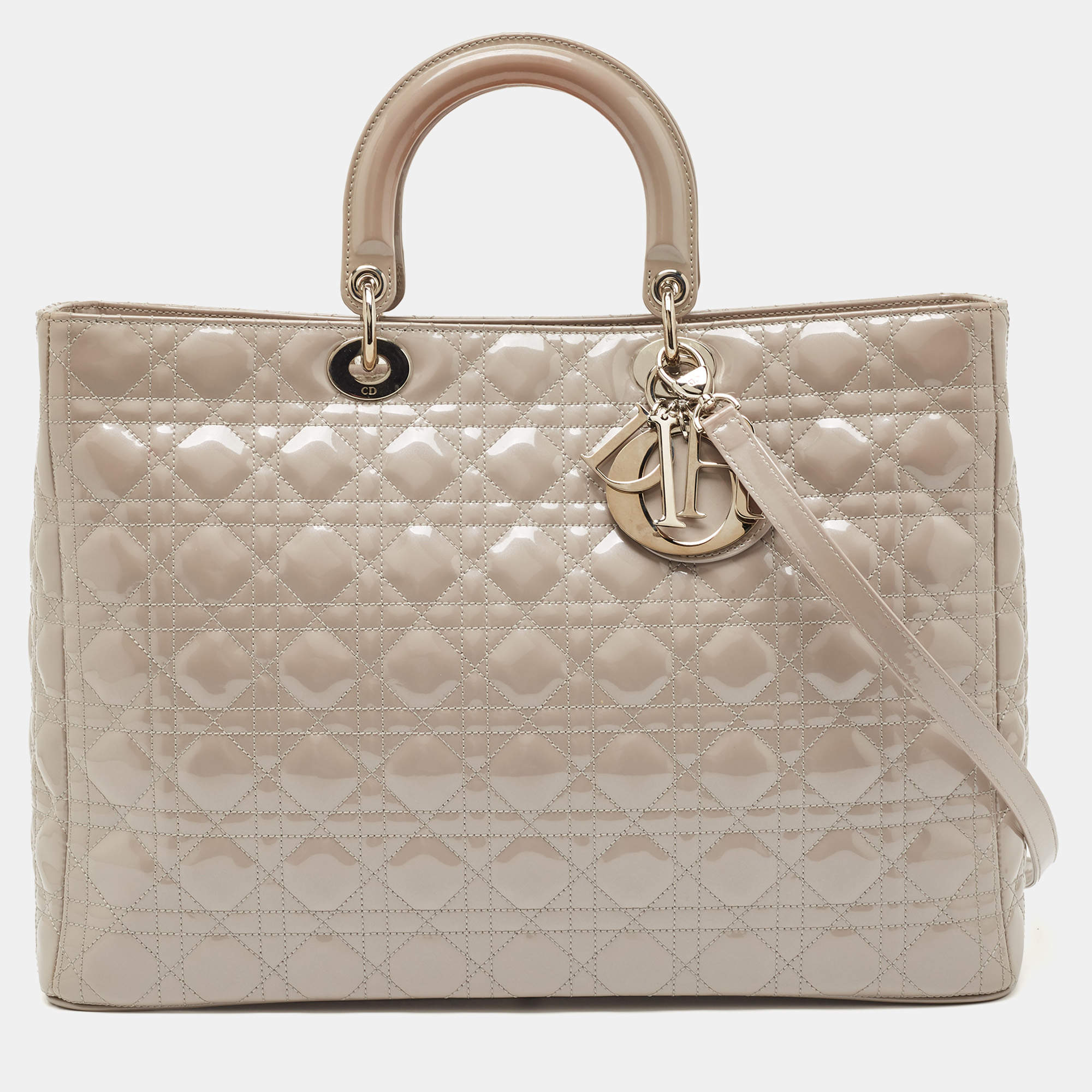 Pre Owned Dior Grey Cannage Patent Leather Extra Large Lady Dior Tote