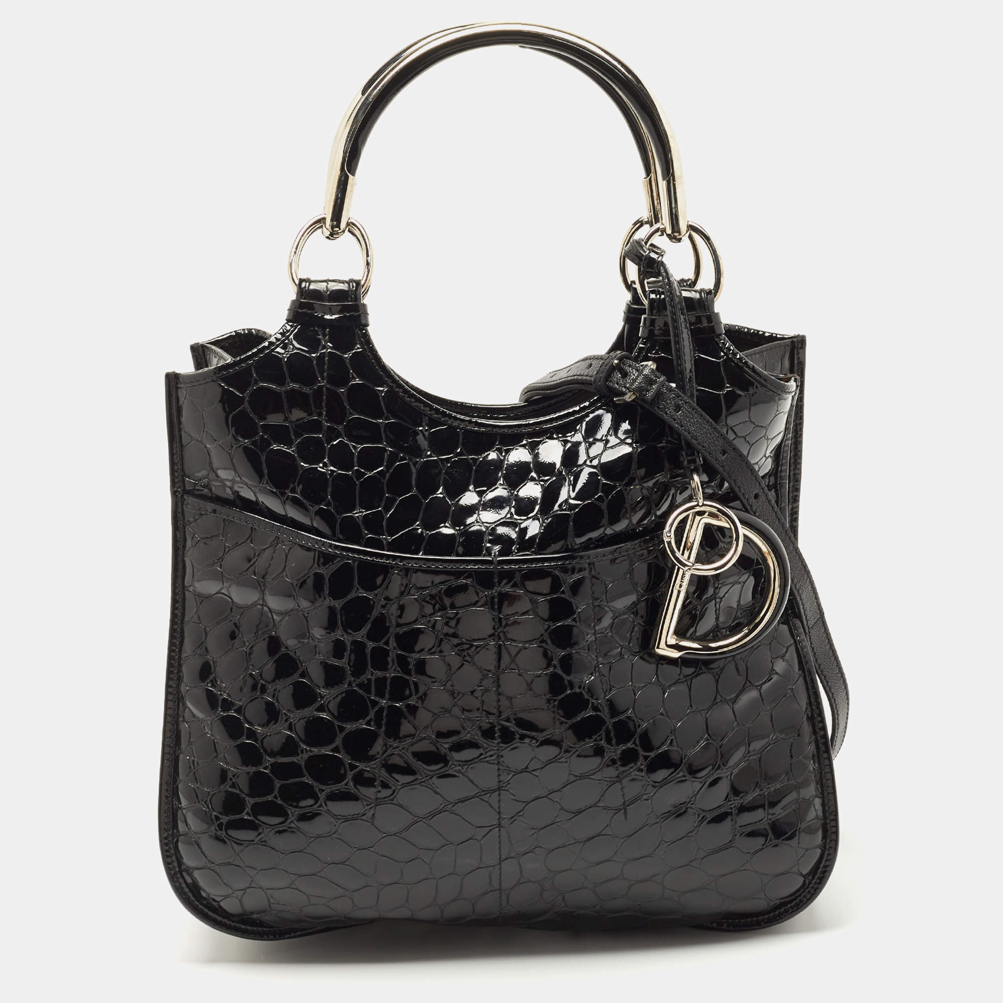 Pre Owned Dior Black Croc Embossed Patent Leather 61 Hobo