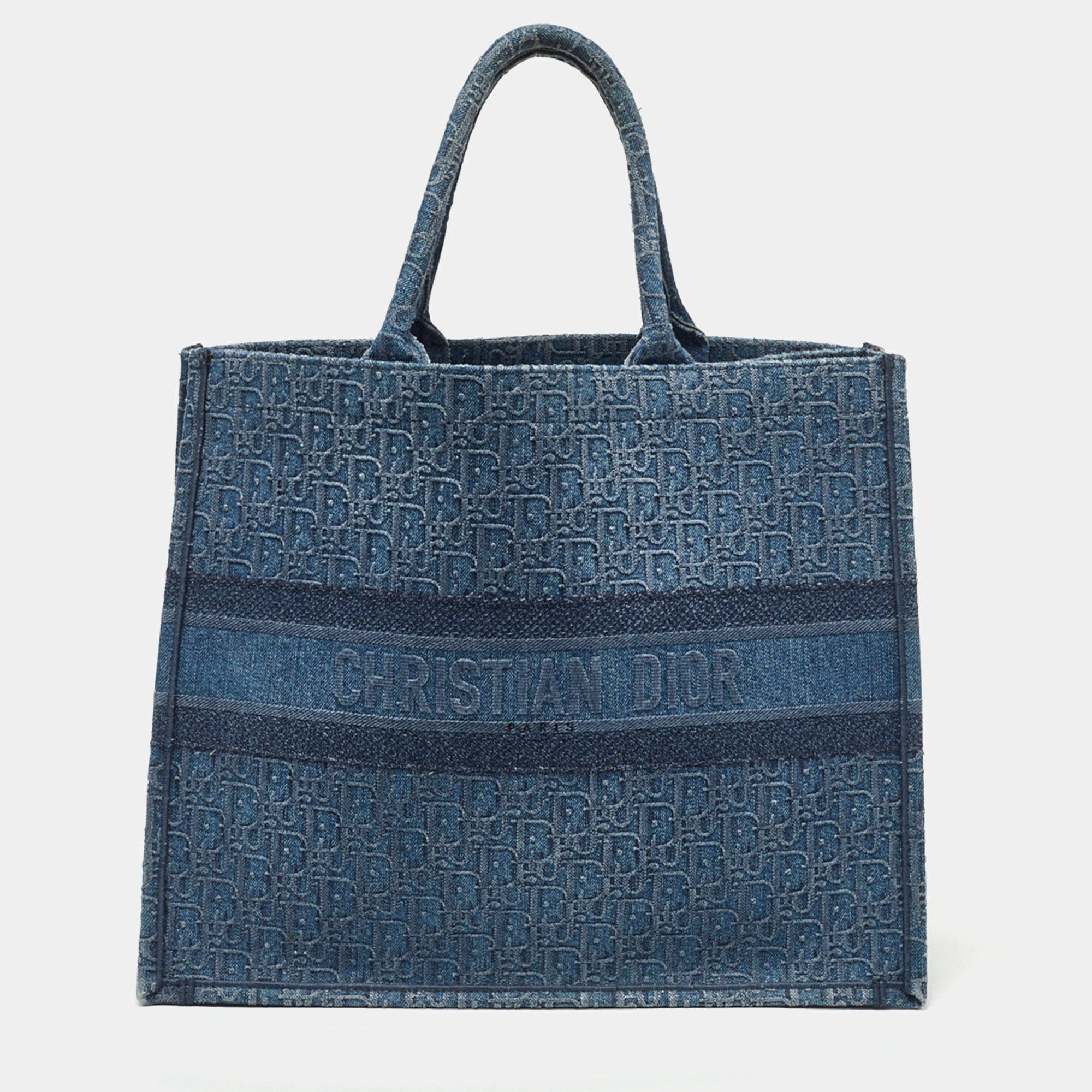 Pre Owned Dior Blue Oblique Denim Large Book Tote
