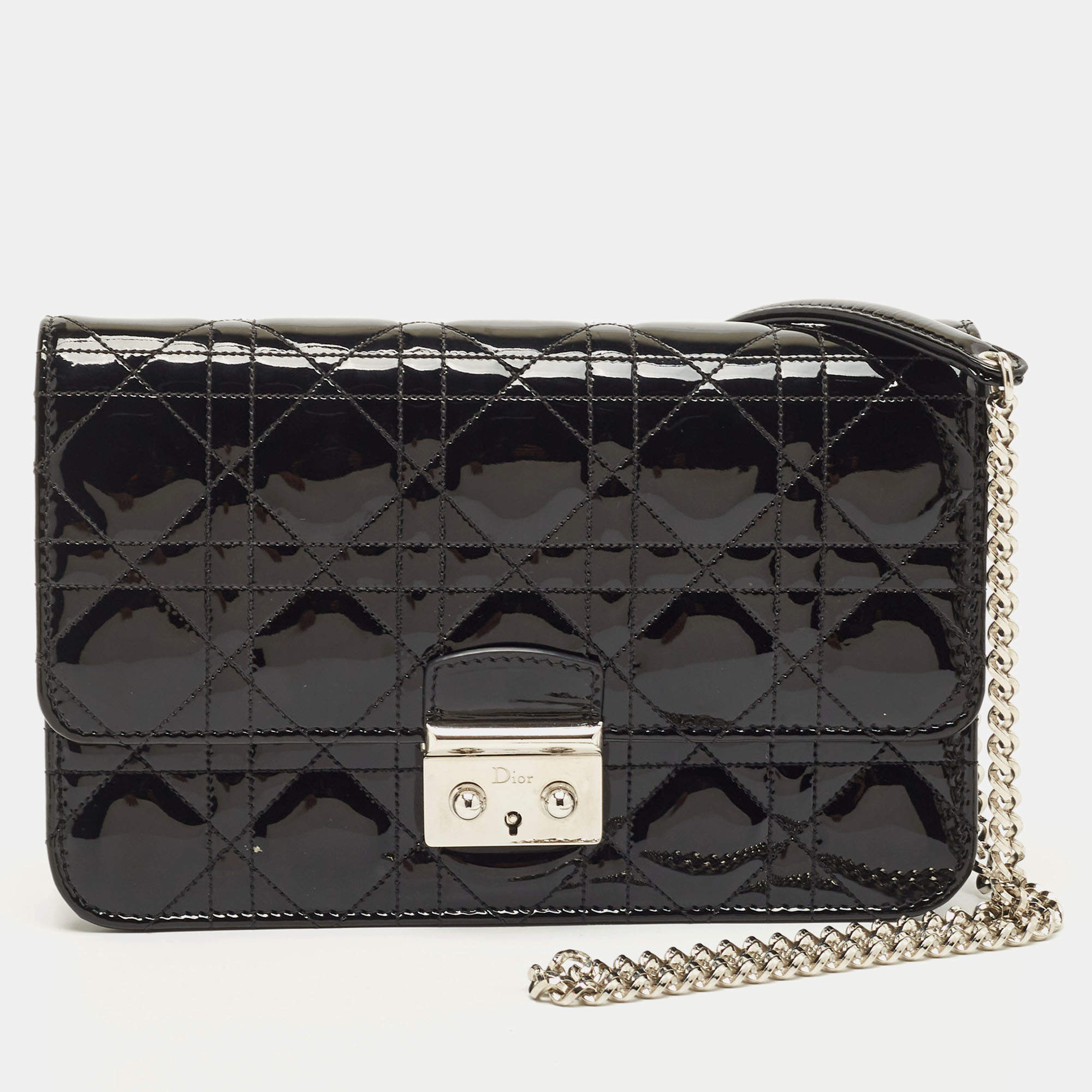 Pre Owned Dior Black Cannage Patent Leather Miss Dior Promenade Chain Bag