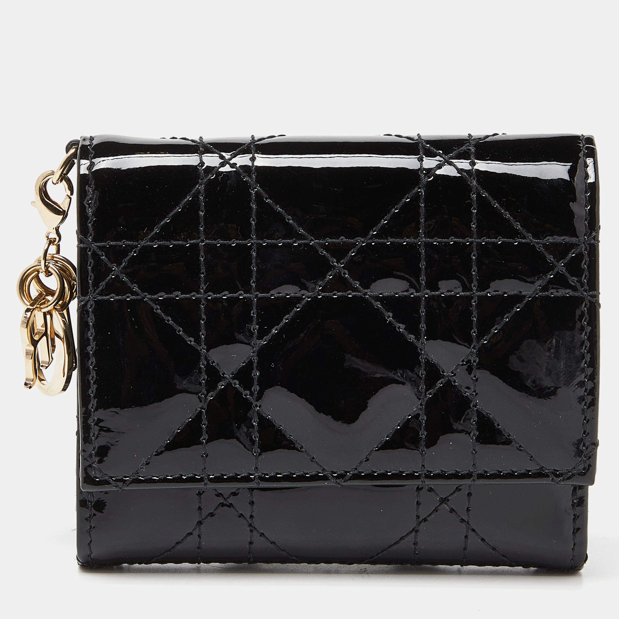 Pre Owned Dior Black Cannage Patent Leather Lady Dior Card Holder