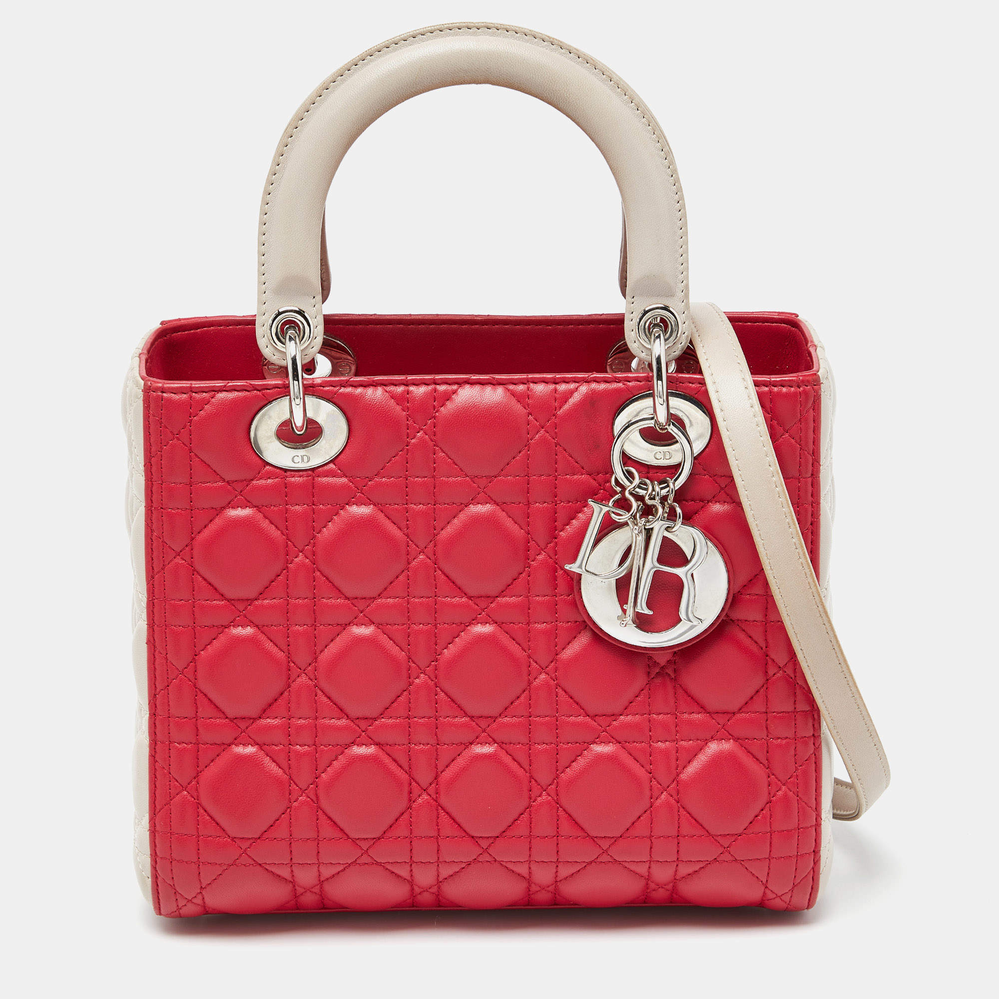 Pre Owned Dior Two Tone Pink Cannage Leather Medium Lady Dior Tote