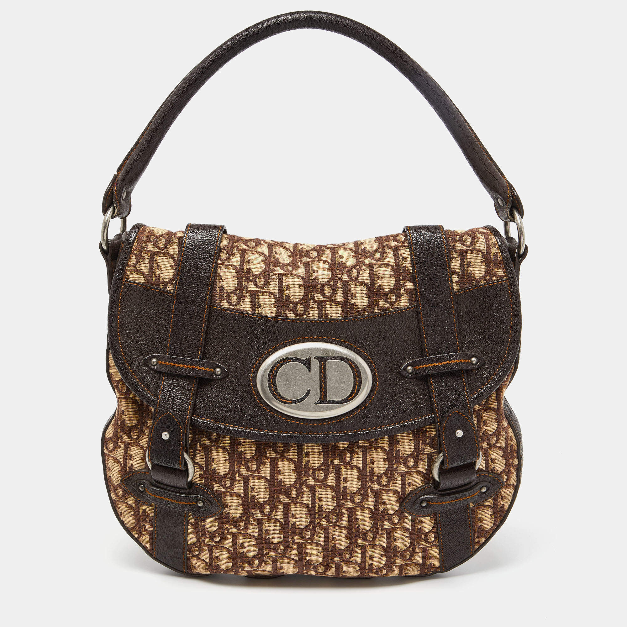 Pre Owned Dior Brown Oblique Canvas and Leather CD Logo Flap Hobo