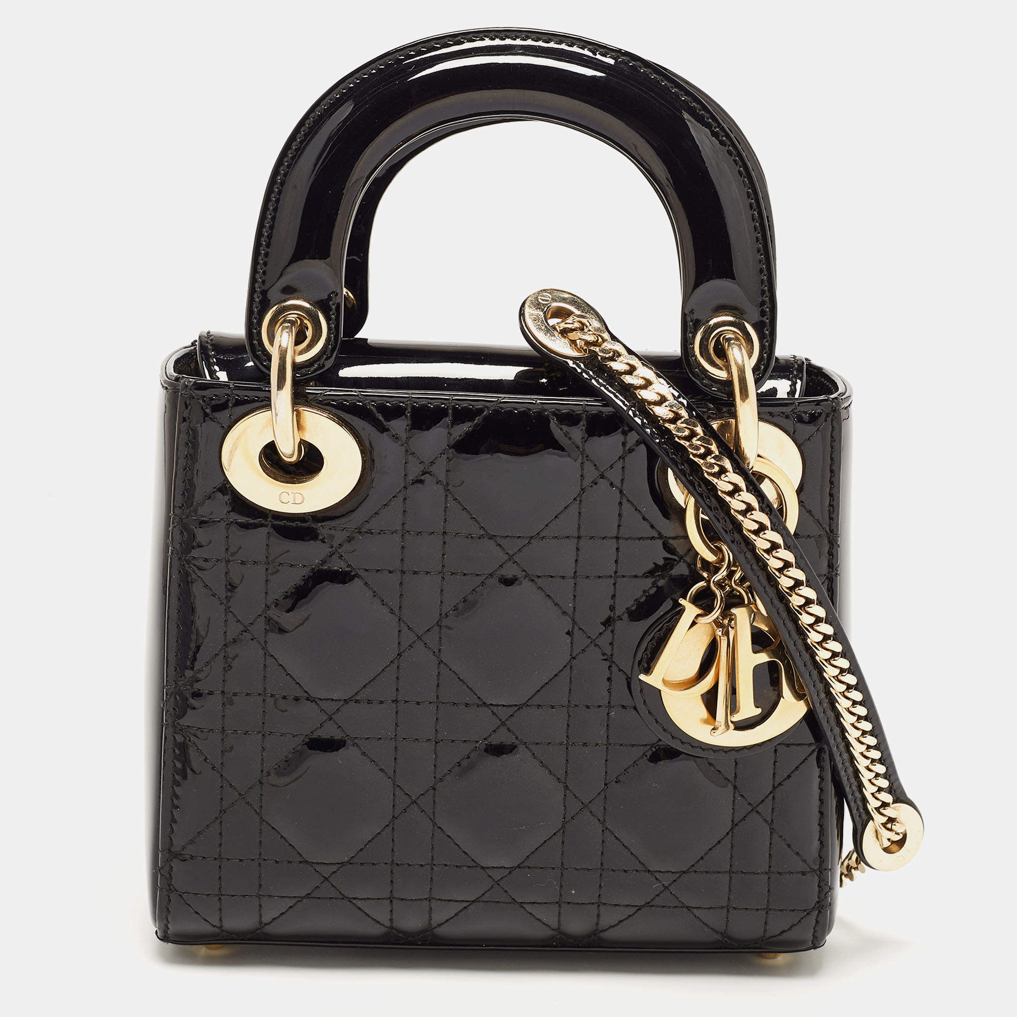 Dior Black Cannage Patent Leather Mini Lady Dior Tote