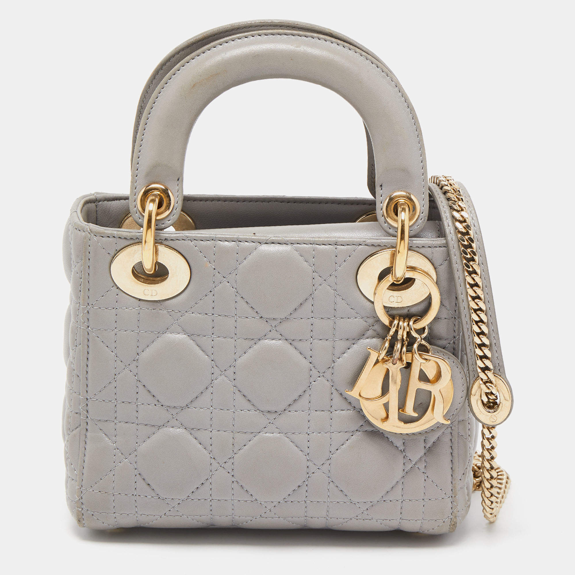 Dior Grey Cannage Leather Mini Chain Lady Dior Tote