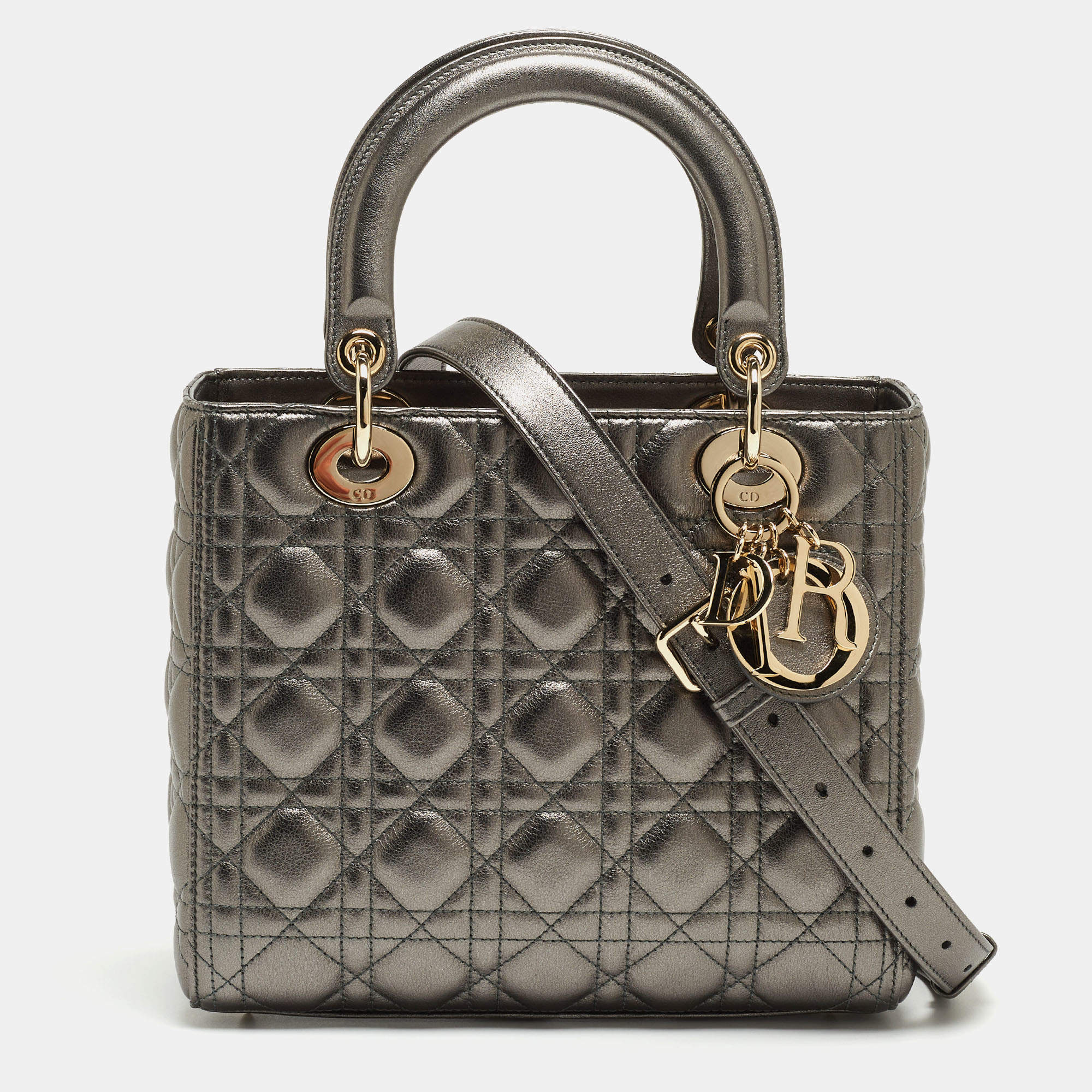 Pre Owned Dior Metallic Grey Cannage Leather Medium Lady Dior Tote