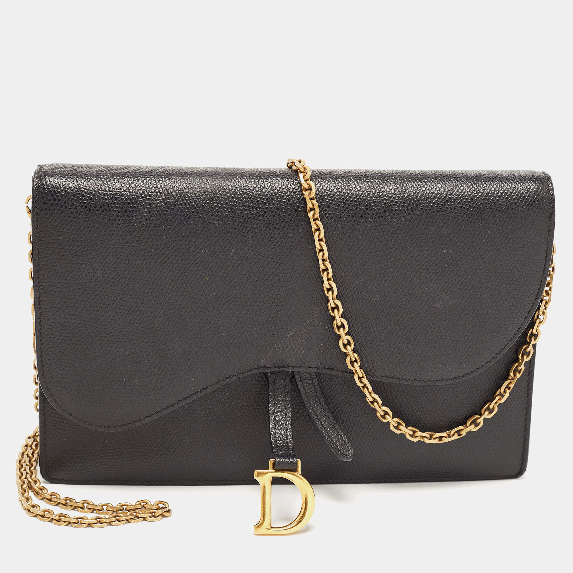 Pre Owned Dior Black Grained Leather Saddle Chain Pouch