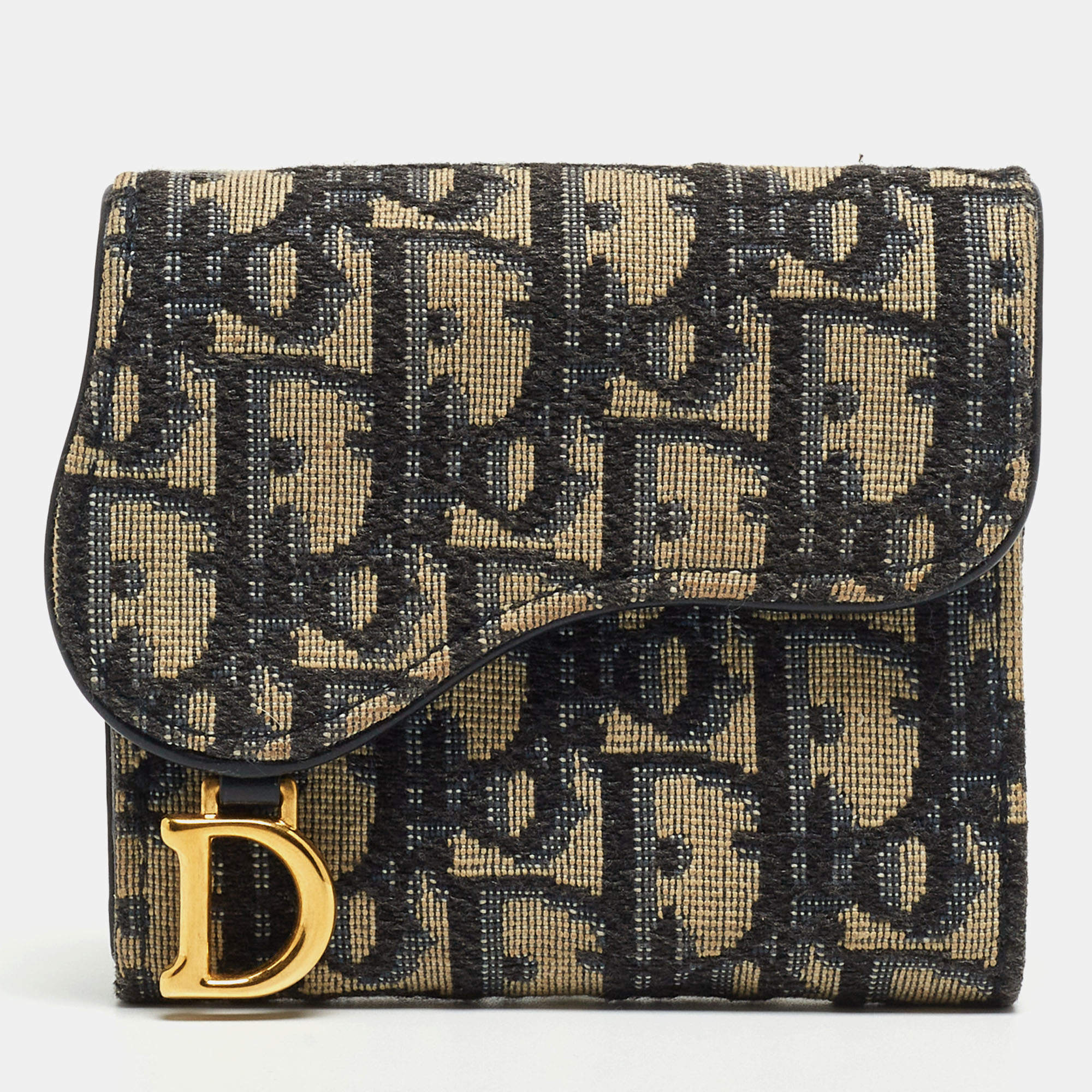 Pre Owned Dior Blue Oblique Canvas Saddle Card Holder