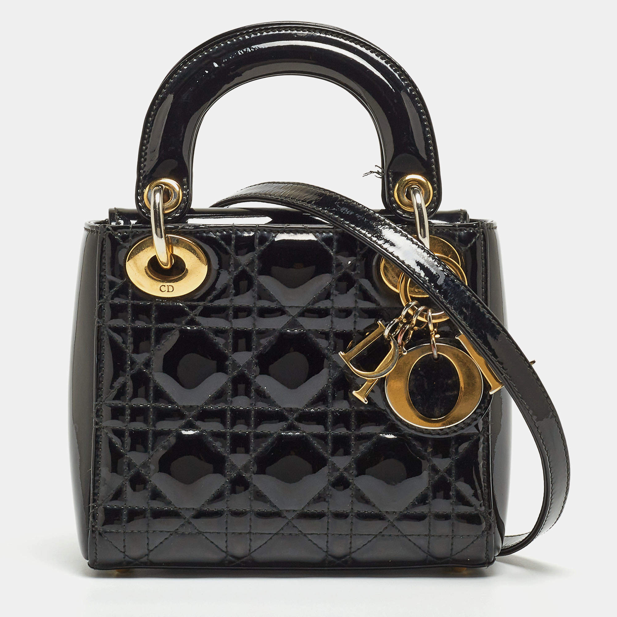 Pre Owned Dior Black Cannage Patent Leather Mini Lady Dior Tote