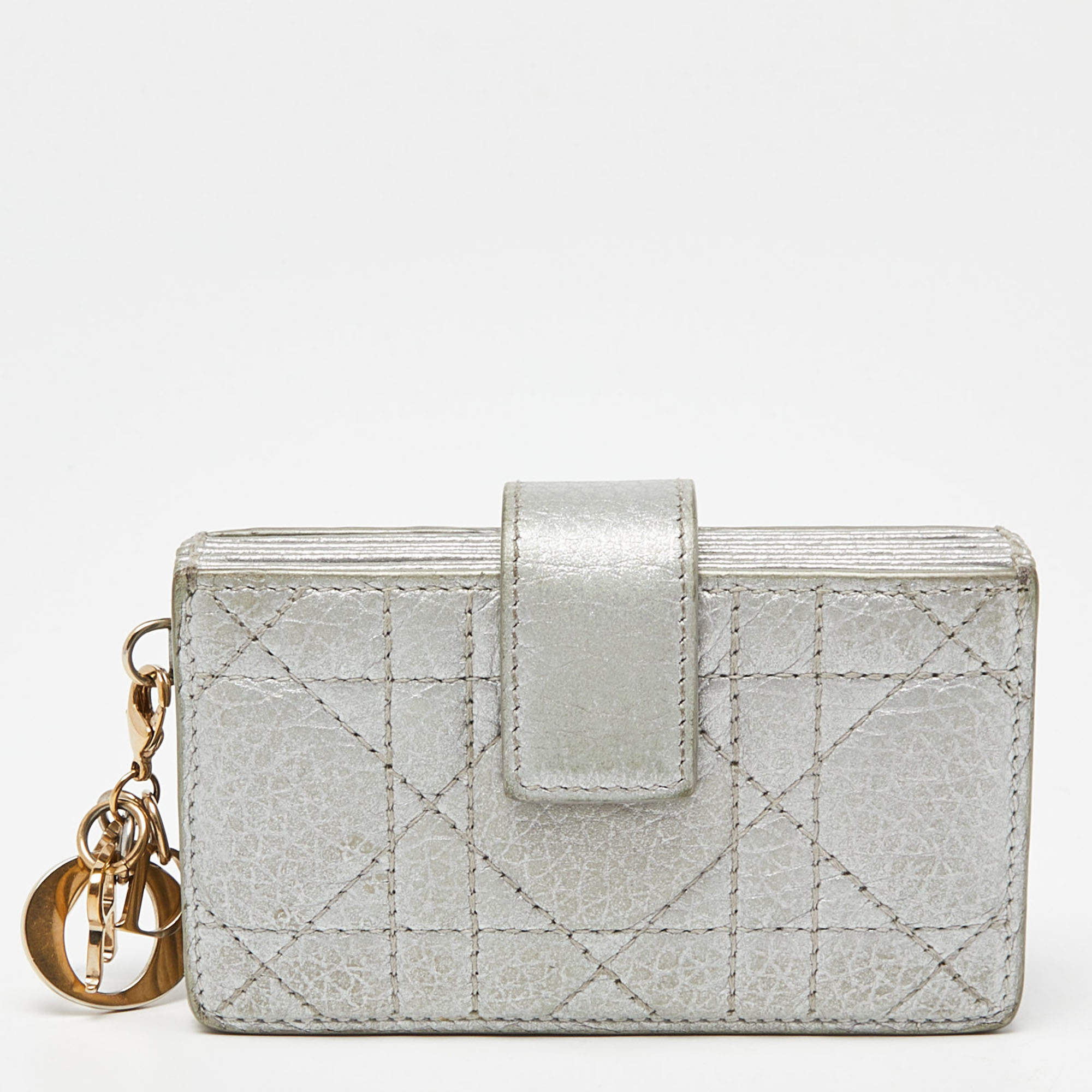 Pre Owned Dior Metallic Grey Cannage Leather 5 Gusset Card Holder
