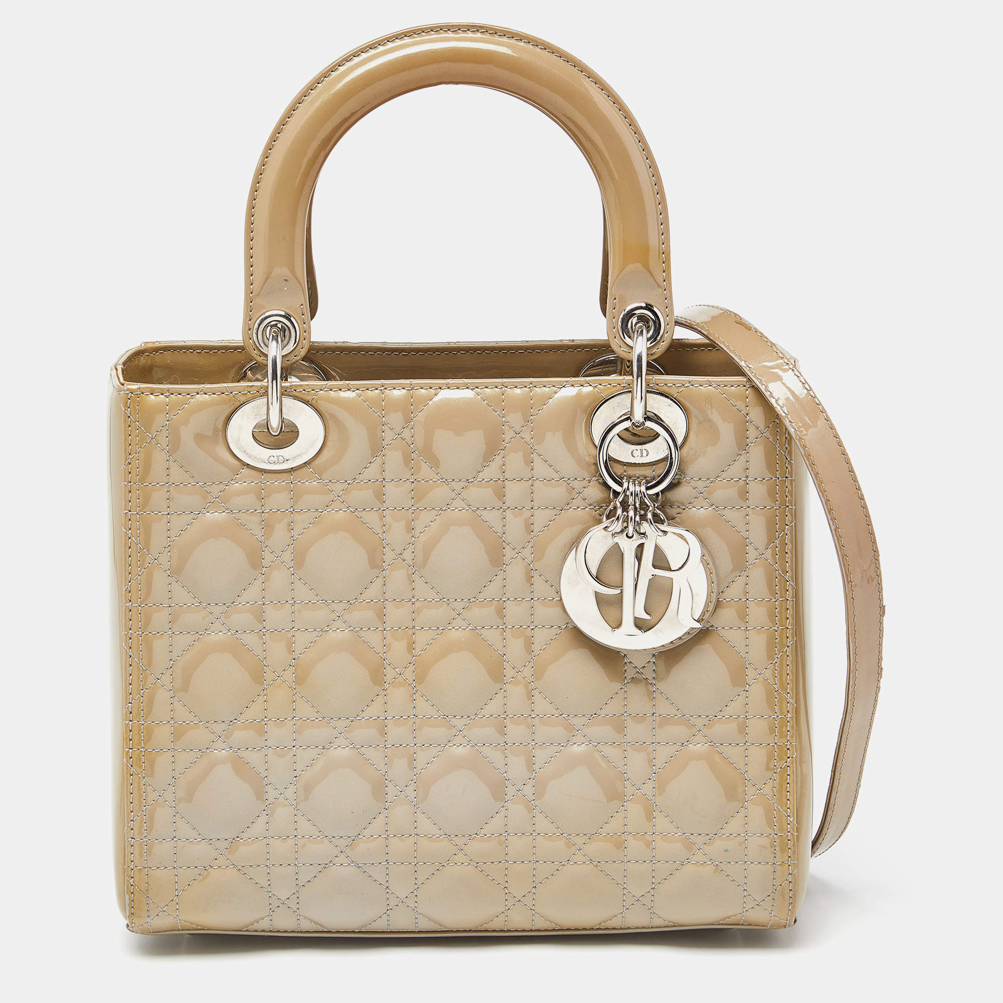 Pre Owned Dior Beige Cannage Patent Leather Medium Lady Dior Tote