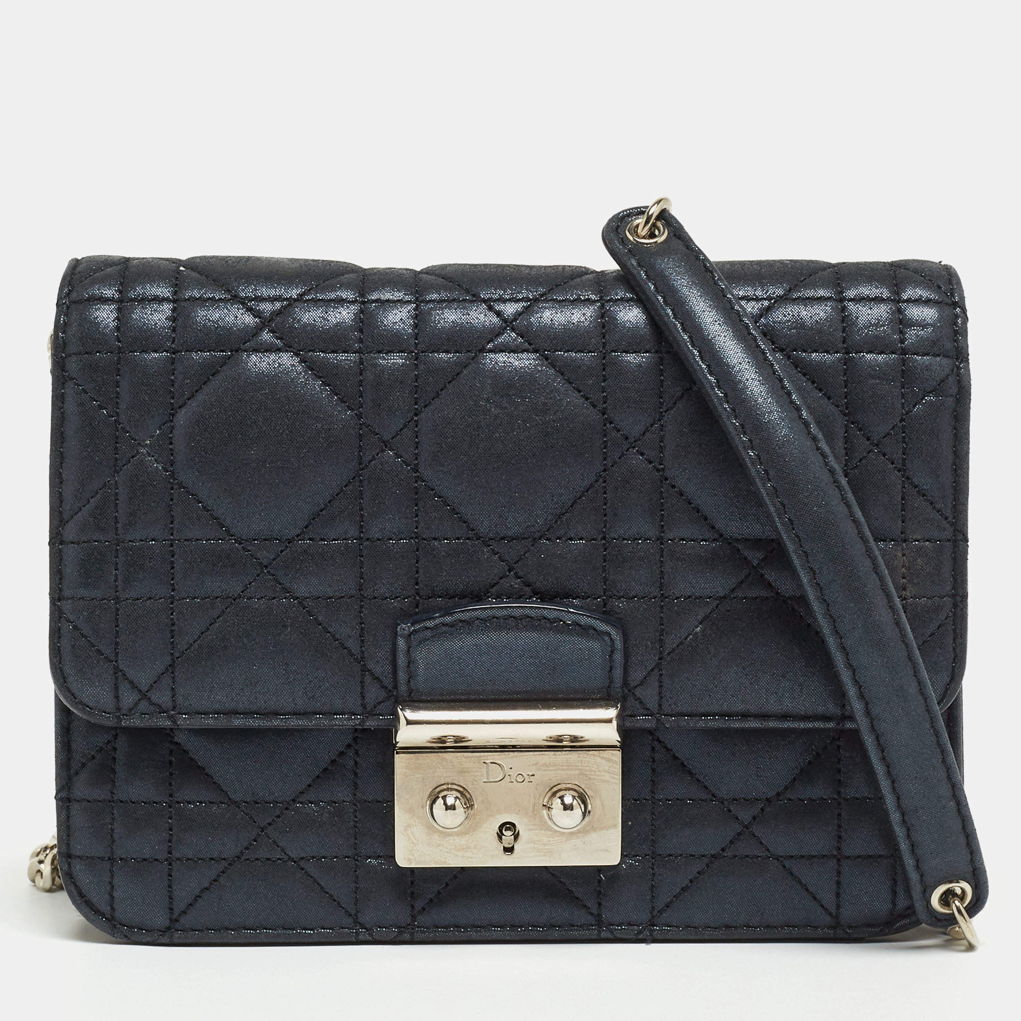 Pre Owned Dior Navy Blue Shimmer Cannage Leather Mini Miss Dior Bag