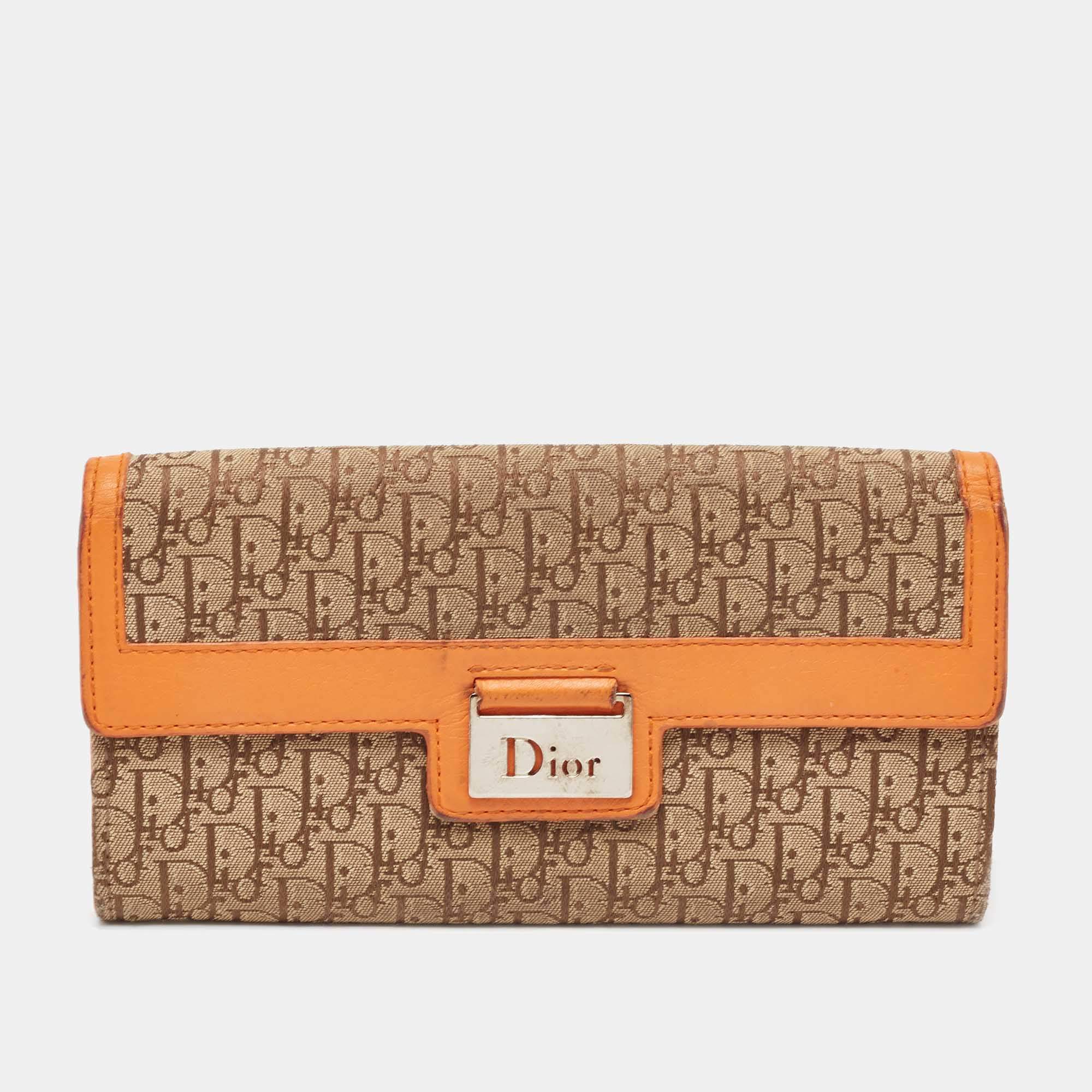 Pre Owned Dior Orange/Beige Diorrisimo Canvas and Leather Street Chic Continental Wallet