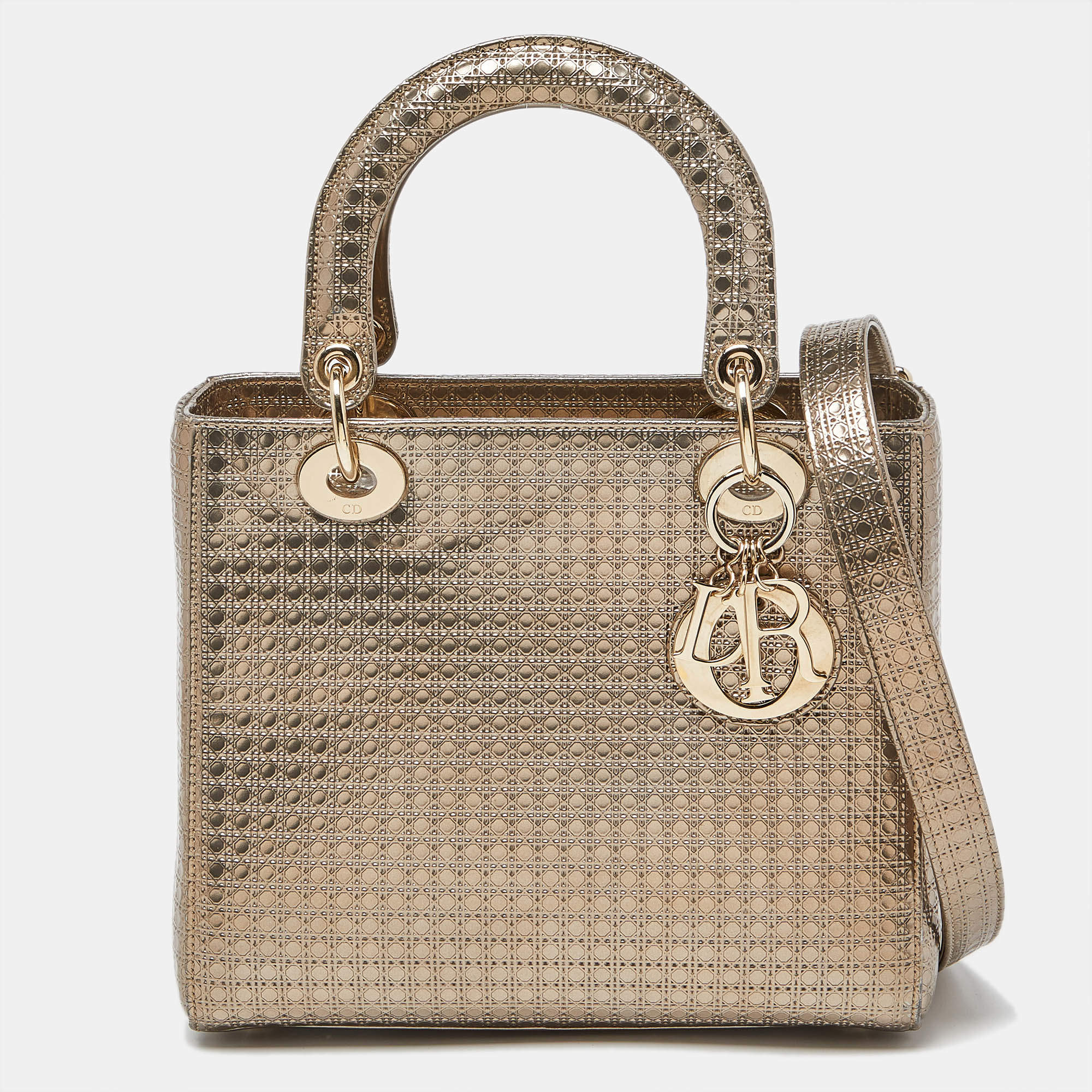 Pre Owned Dior Gold Micro Cannage Patent Leather Medium Lady Dior Tote