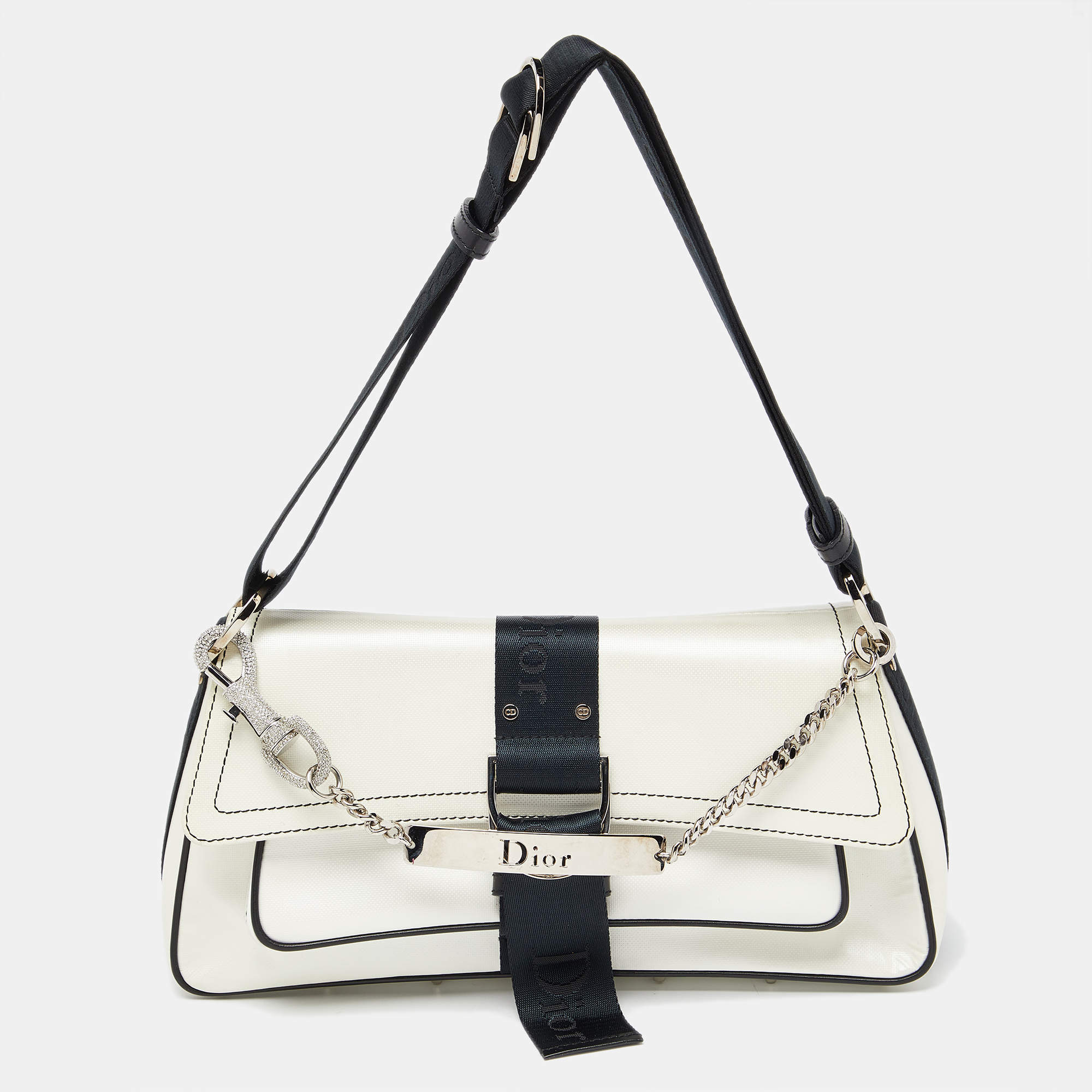 Pre Owned Dior White/Black Coated Canvas Hardcore Shoulder Bag