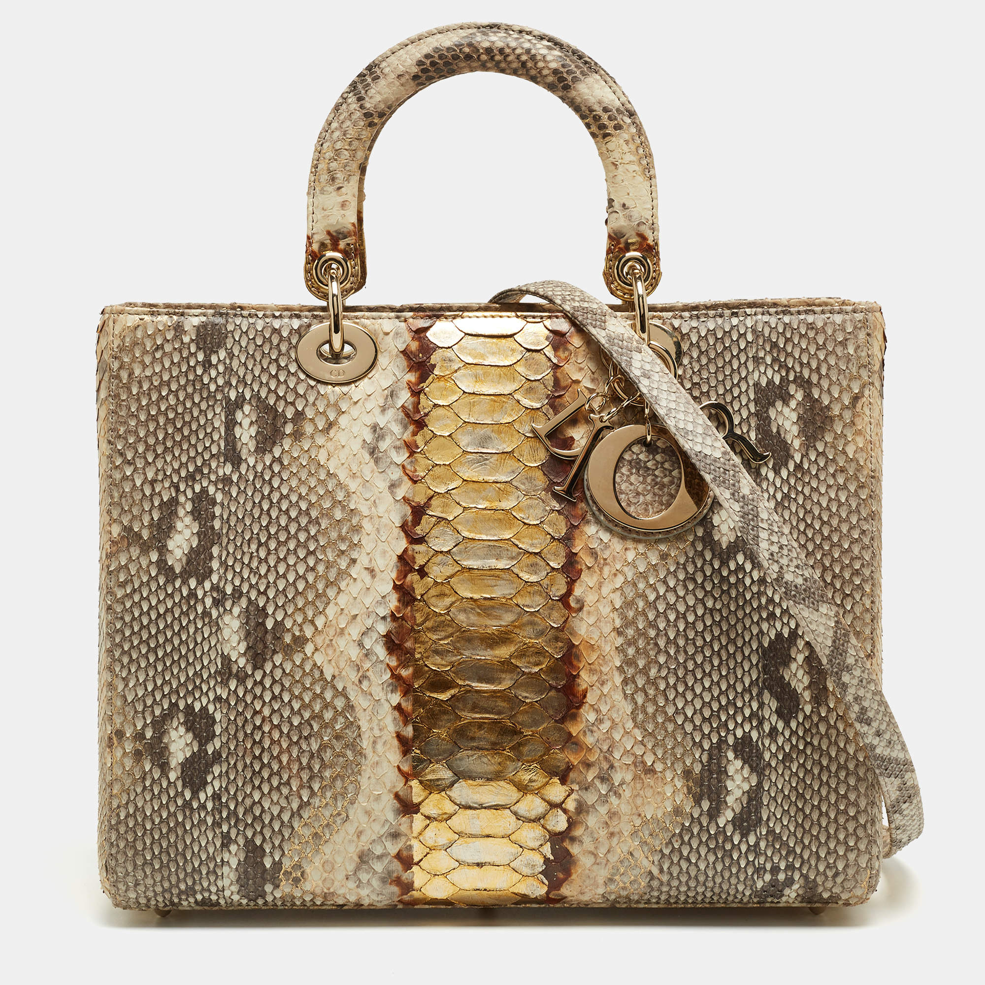 Pre Owned Dior Gold/Beige Python Large Lady Dior Tote