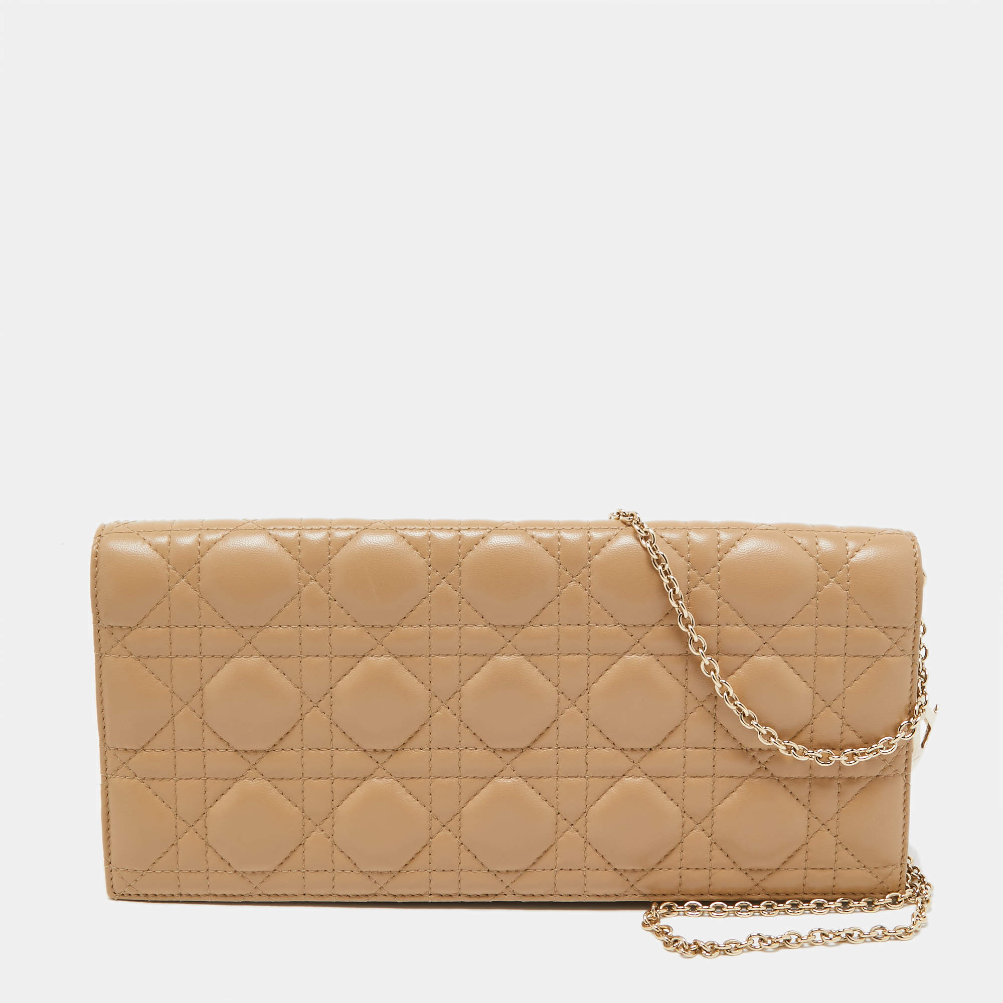 Pre Owned Dior Beige Cannage Quilted Leather Lady Dior Chain Clutch