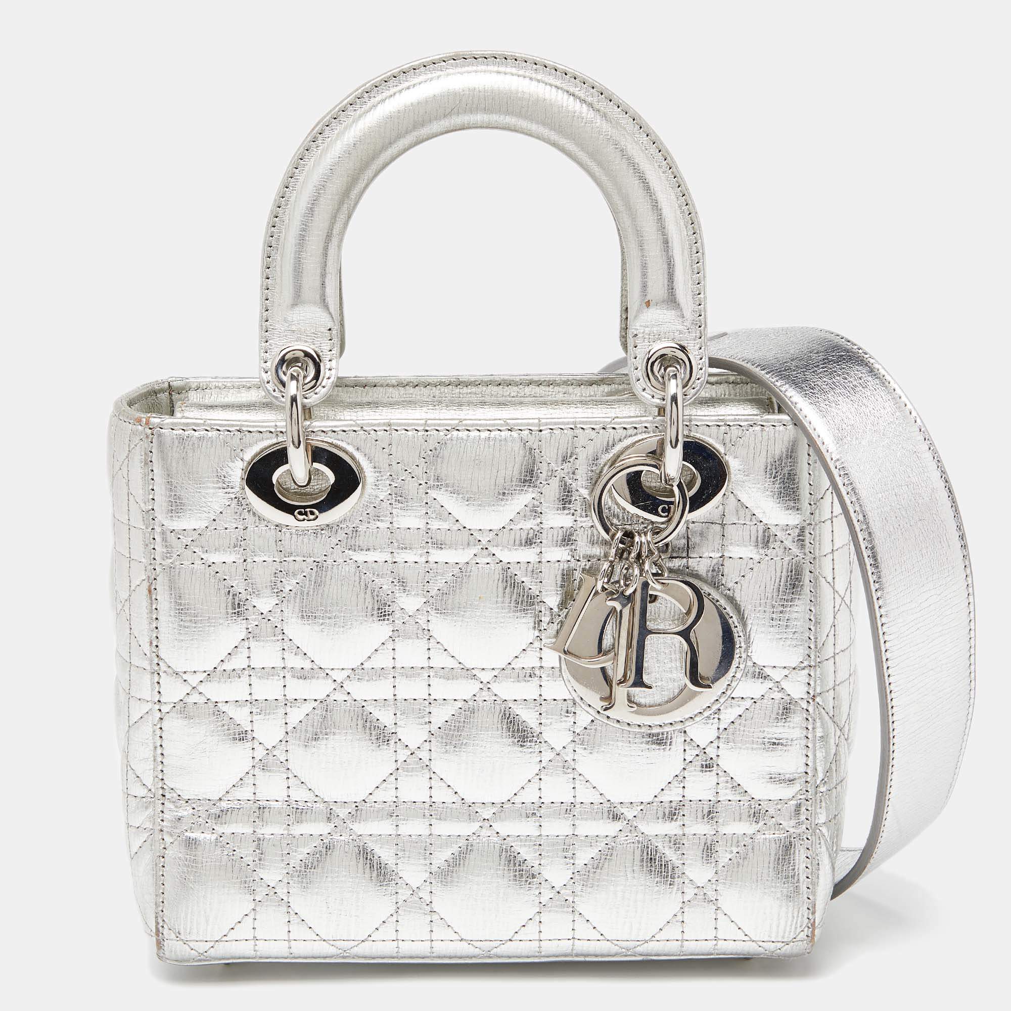 Pre Owned Dior Silver Cannage Leather Small Lady Dior My ABCDior Tote