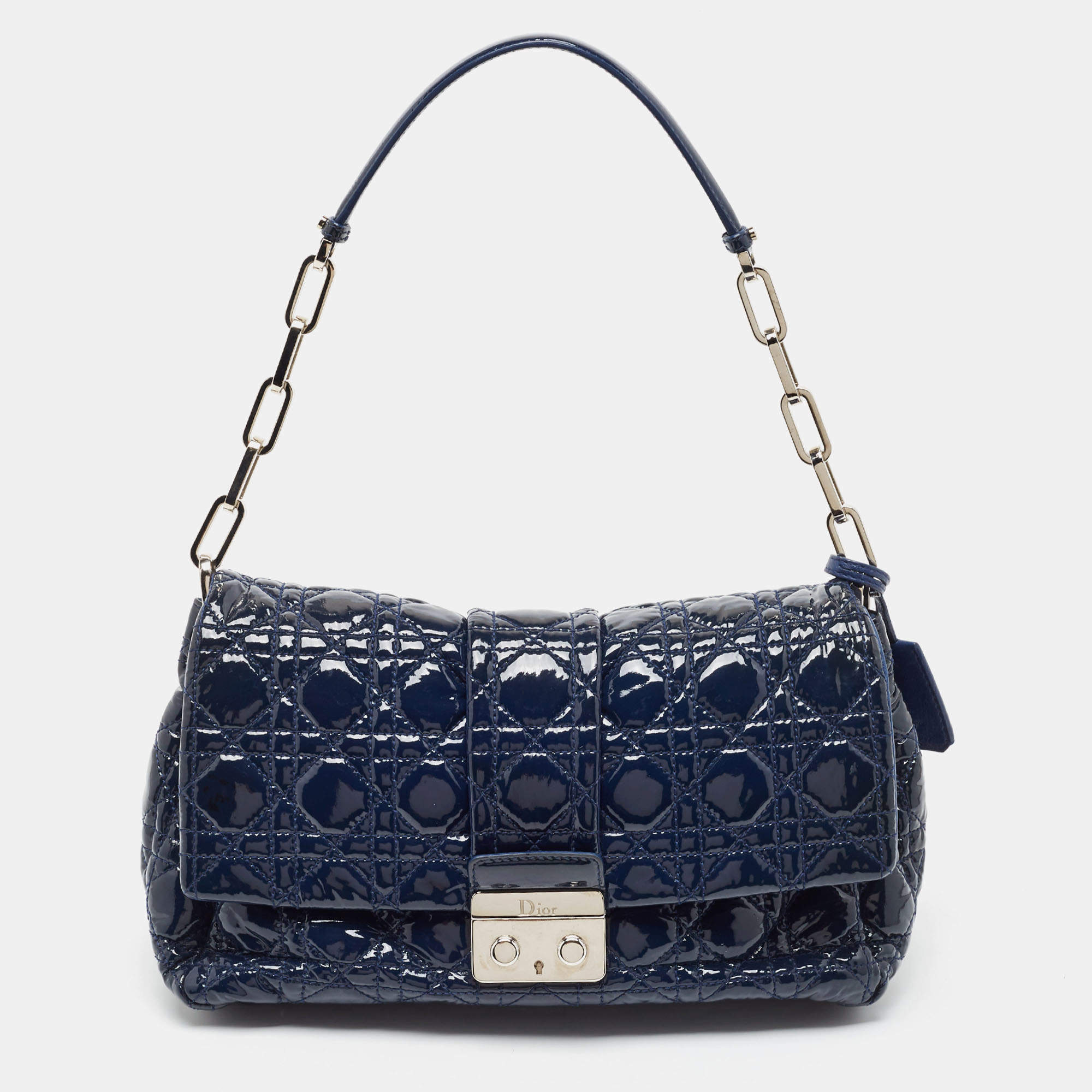 Pre Owned Dior Dark Blue Cannage Quilted Patent Leather New Lock Flap Bag