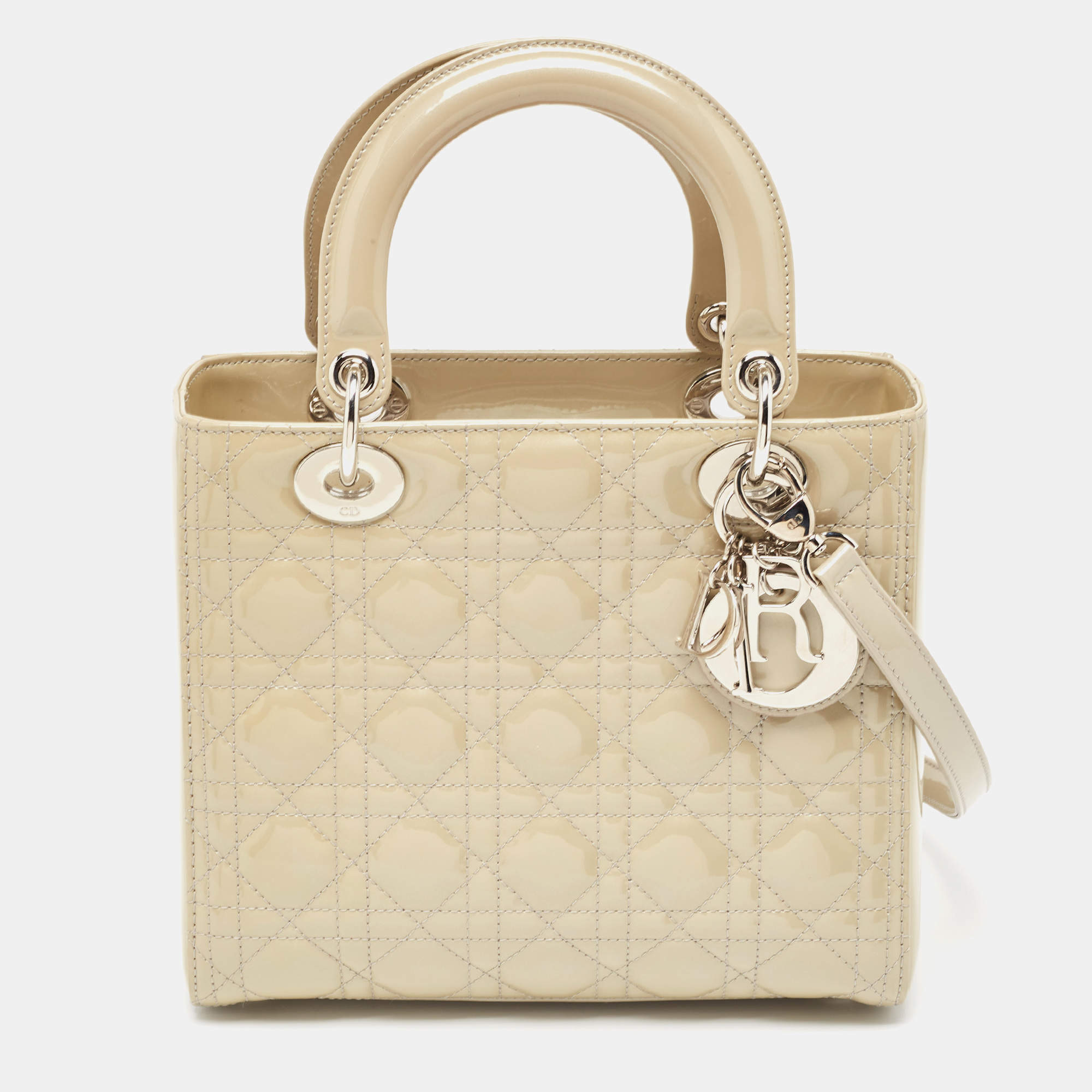 Pre Owned Dior Beige Cannage Patent Leather Medium Lady Dior Tote