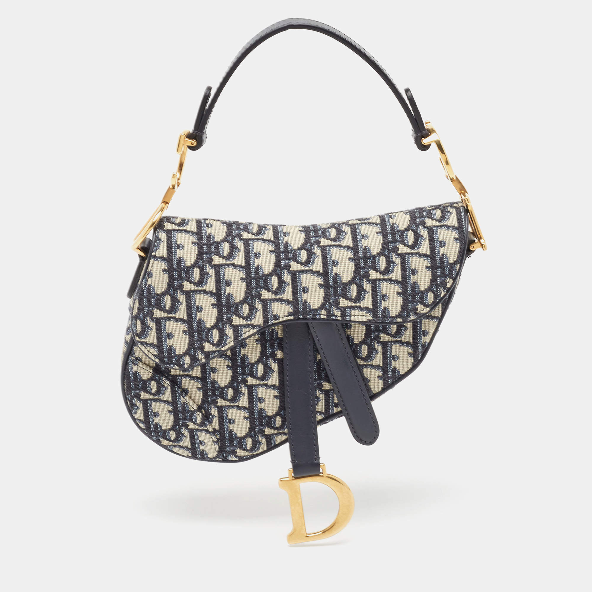 Pre Owned Dior Navy Blue Oblique Canvas and Leather Mini Saddle Bag
