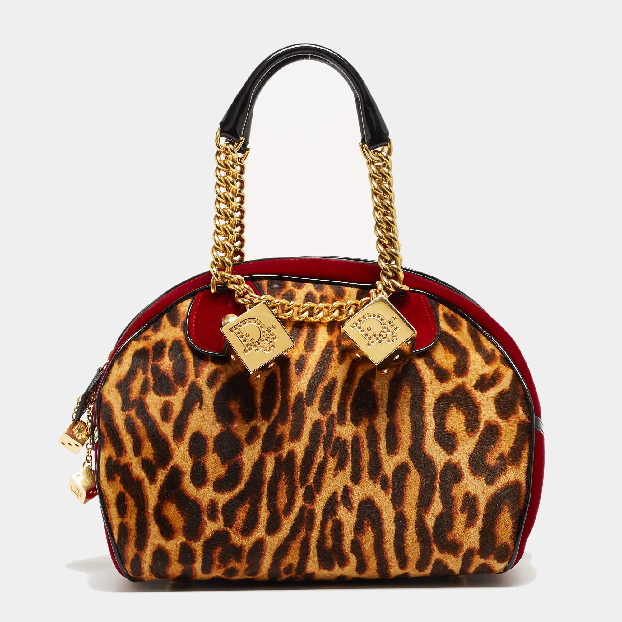 Pre Owned Dior Multicolor Leopard Print Calfhair, Velvet and Patent Leather Gambler Dice Bag