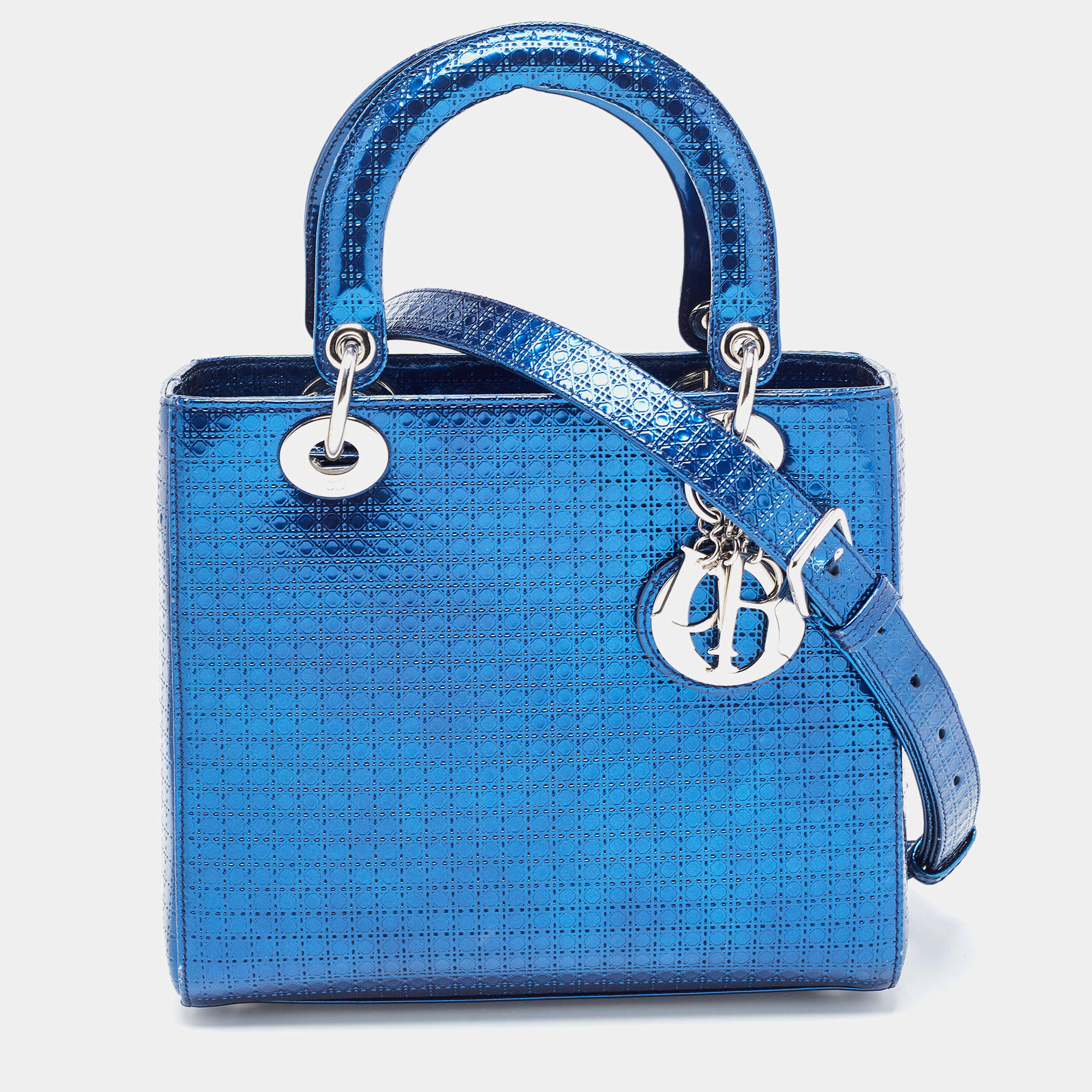Pre Owned Dior Metallic Blue Microcannage Patent Leather Medium Lady Dior Tote