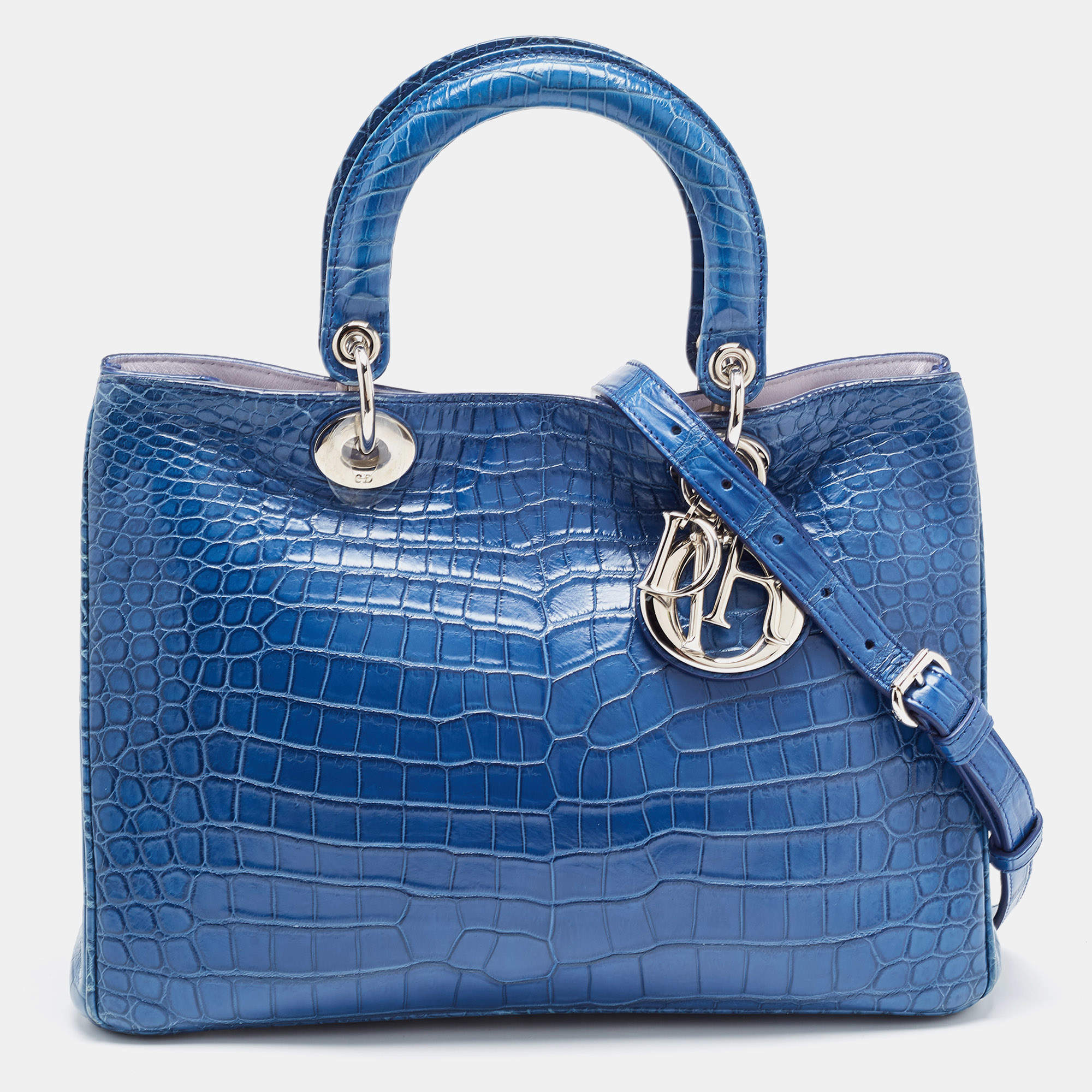 Pre Owned Dior Blue Crocodile Medium Diorissimo Tote