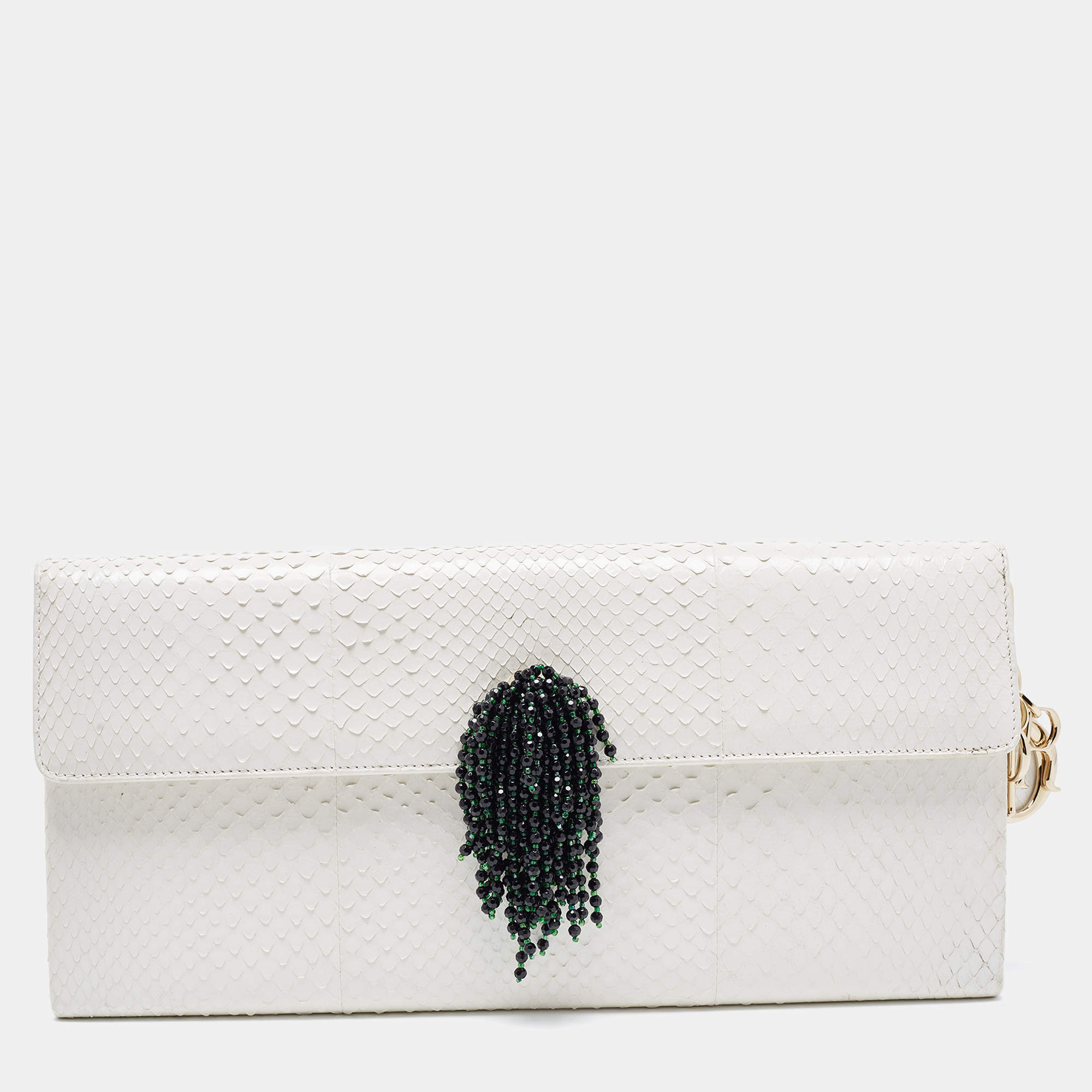 Pre Owned Dior White Snakeskin Leather Beaded Tassel Clutch