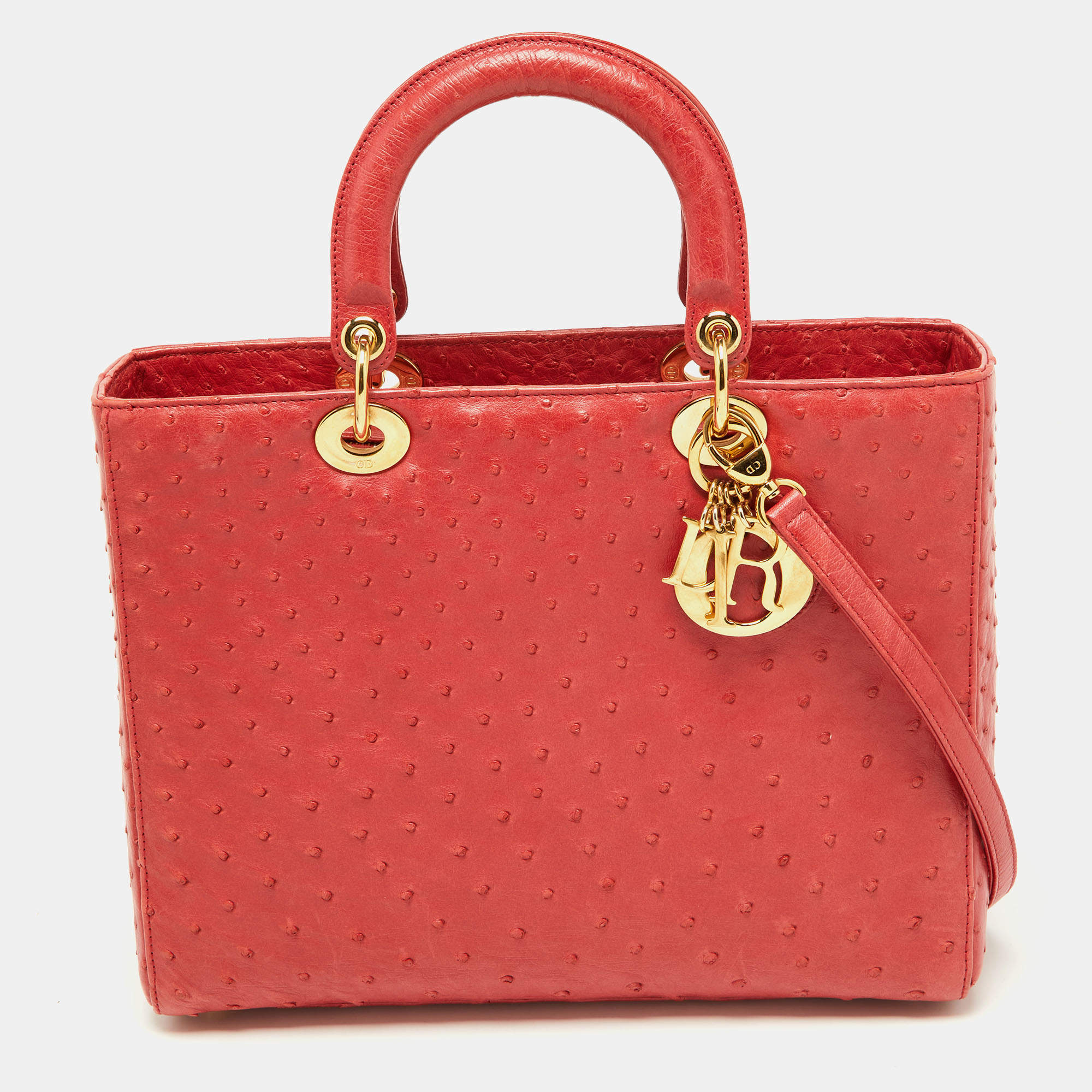 Pre Owned Dior Red Ostrich Large Lady Dior Tote